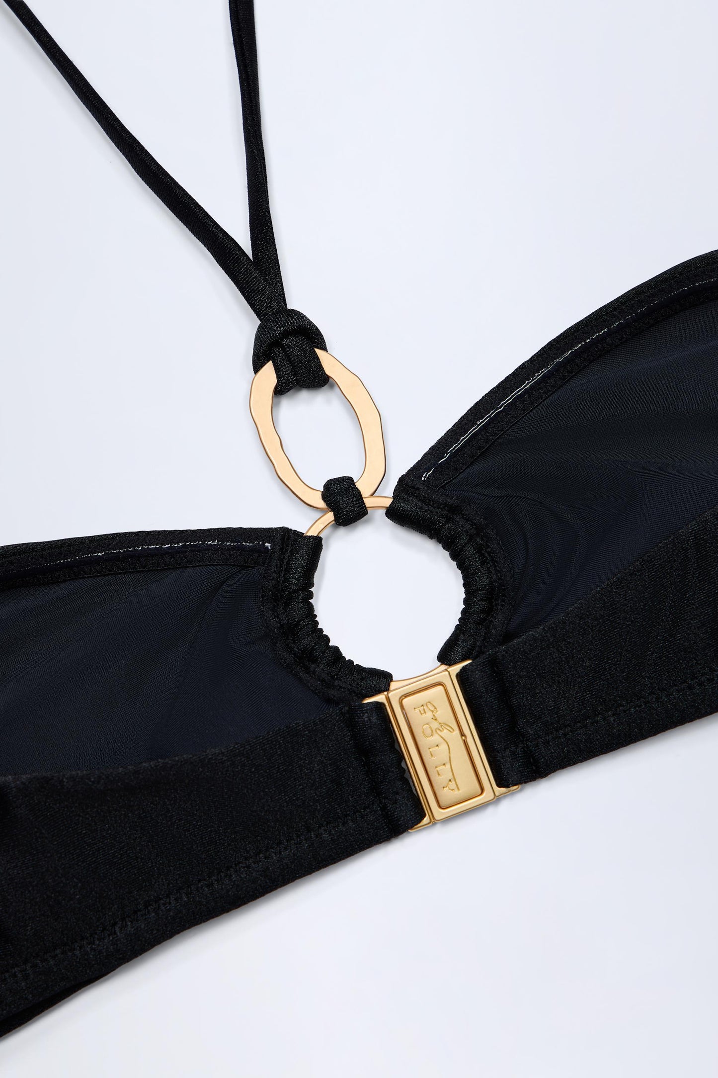 Hardware-Detail Ruched Halterneck Bikini Top in Black
