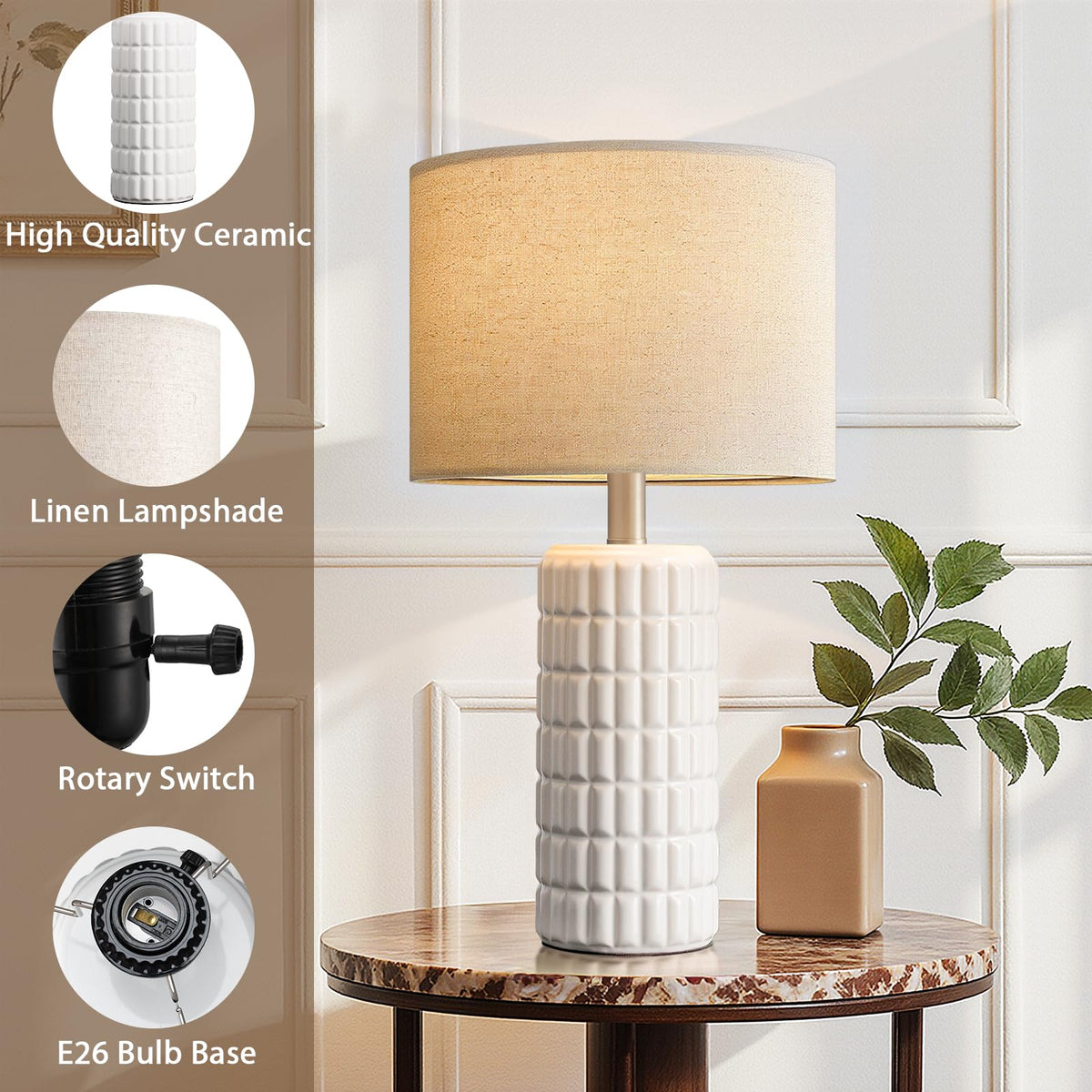 Seealle 23" Modern Ceramic Table Lamps Set of 2, Lamps for Bedroom, White