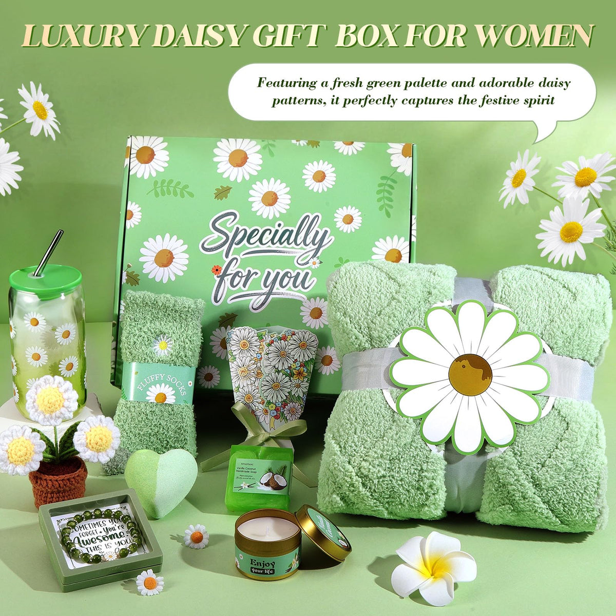 Self Care Gift Basket for Women with Blanket & Tumbler, Daisy Spa Gift Box