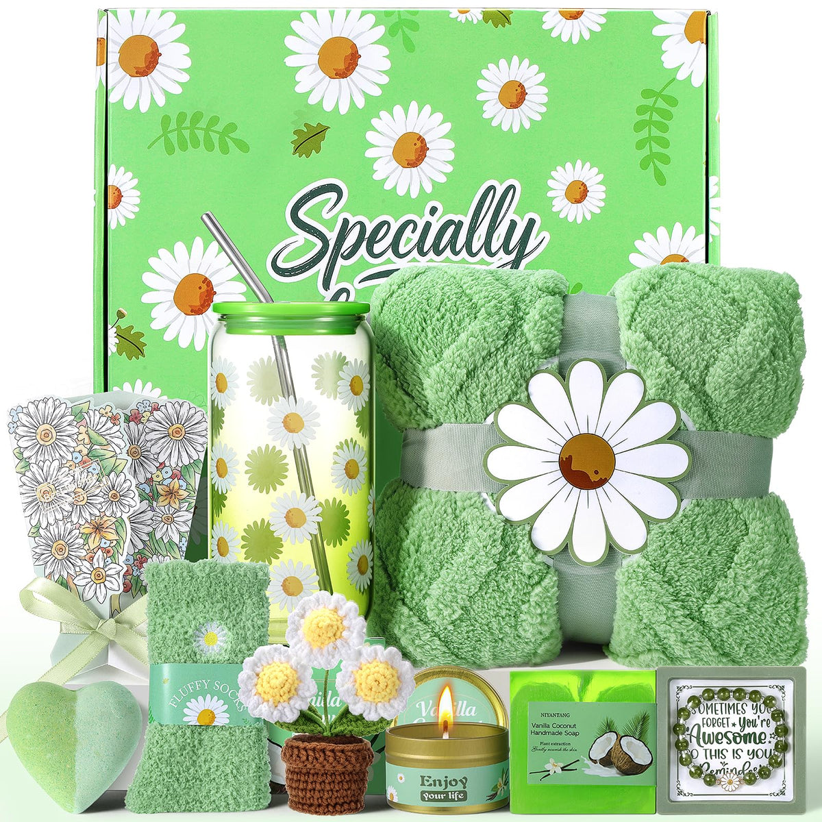 Self Care Gift Basket for Women with Blanket & Tumbler, Daisy Spa Gift Box