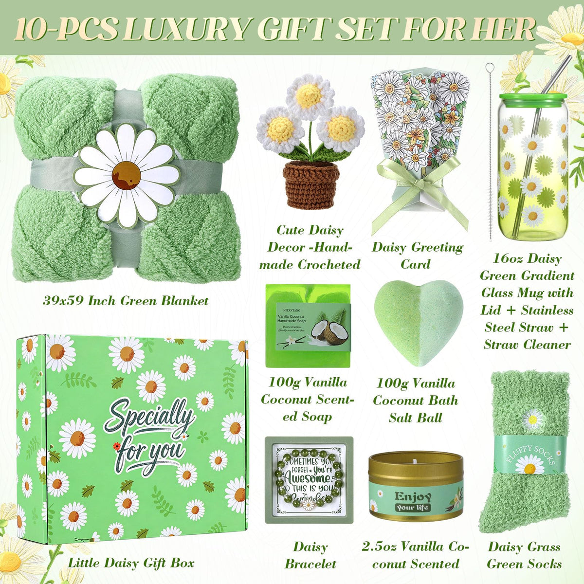 Self Care Gift Basket for Women with Blanket & Tumbler, Daisy Spa Gift Box