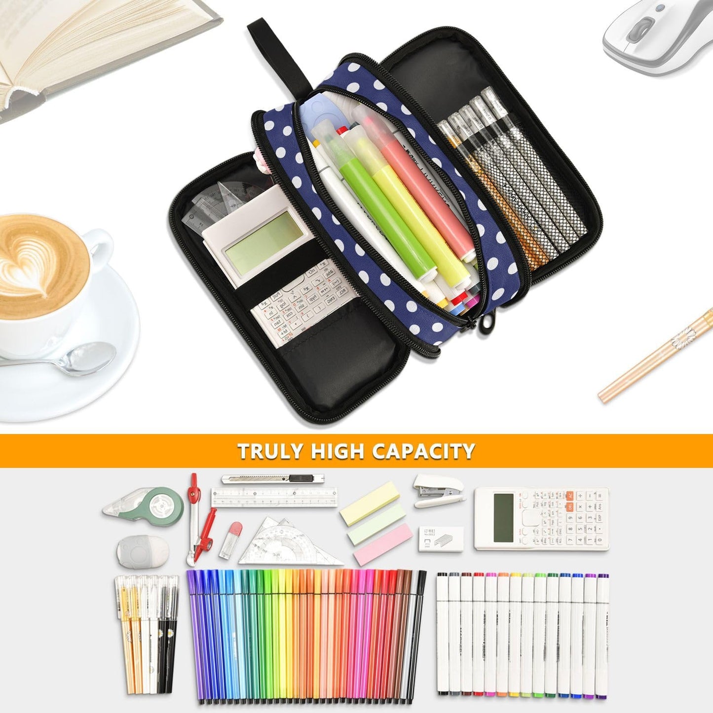 Sgojhrv Big Capacity Pencil Case Cute Navy Blue White Polka Dot Large Pencil Pouch Stationery Pen Bag for School Teen Girl Boy