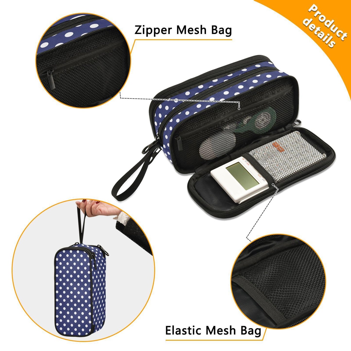 Sgojhrv Big Capacity Pencil Case Cute Navy Blue White Polka Dot Large Pencil Pouch Stationery Pen Bag for School Teen Girl Boy