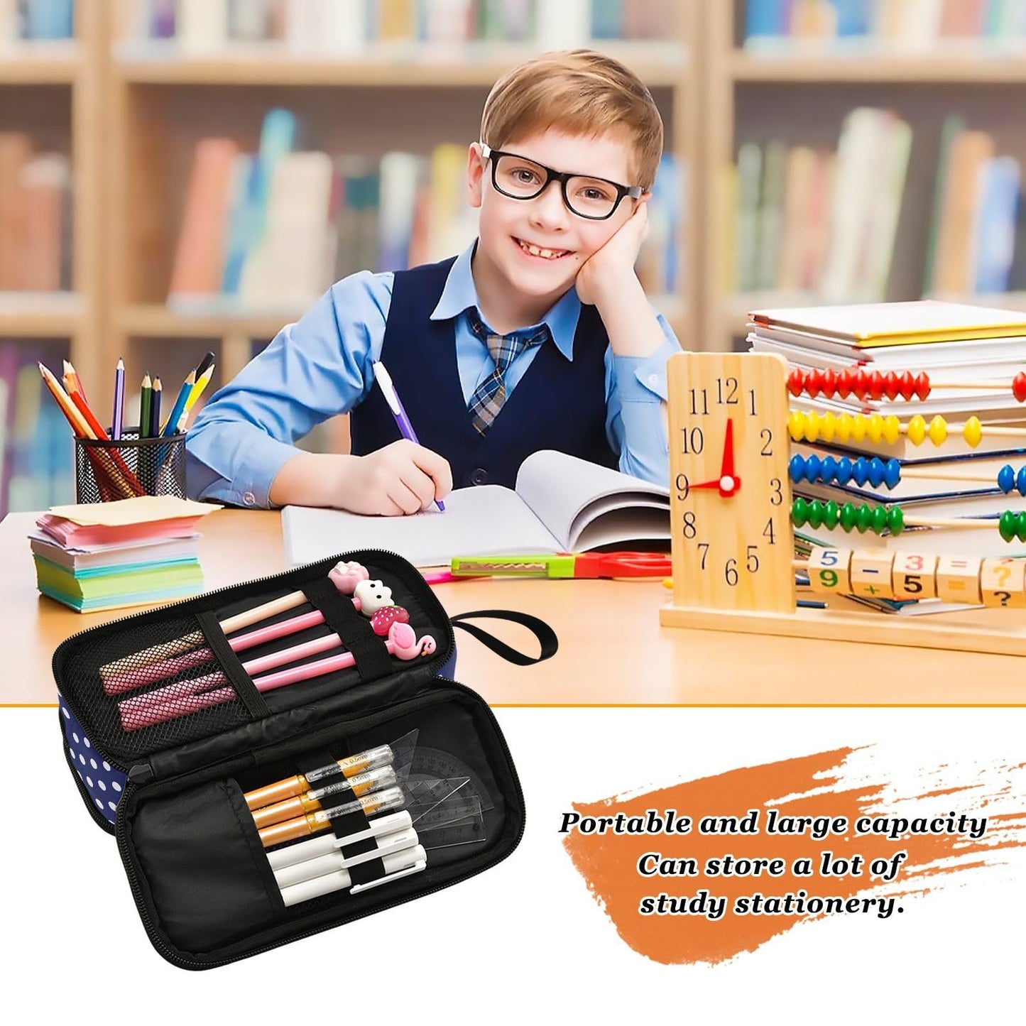 Sgojhrv Big Capacity Pencil Case Cute Navy Blue White Polka Dot Large Pencil Pouch Stationery Pen Bag for School Teen Girl Boy