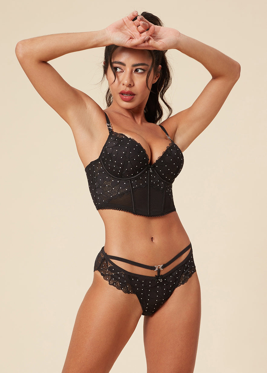 SHARON Sexy Black Lace Push-Up Corset Long Demi Bra with Rhinestones