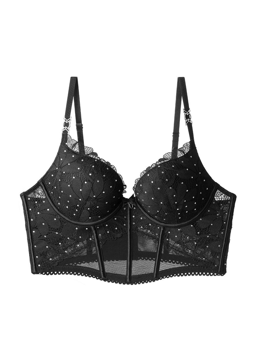 SHARON Sexy Black Lace Push-Up Corset Long Demi Bra with Rhinestones