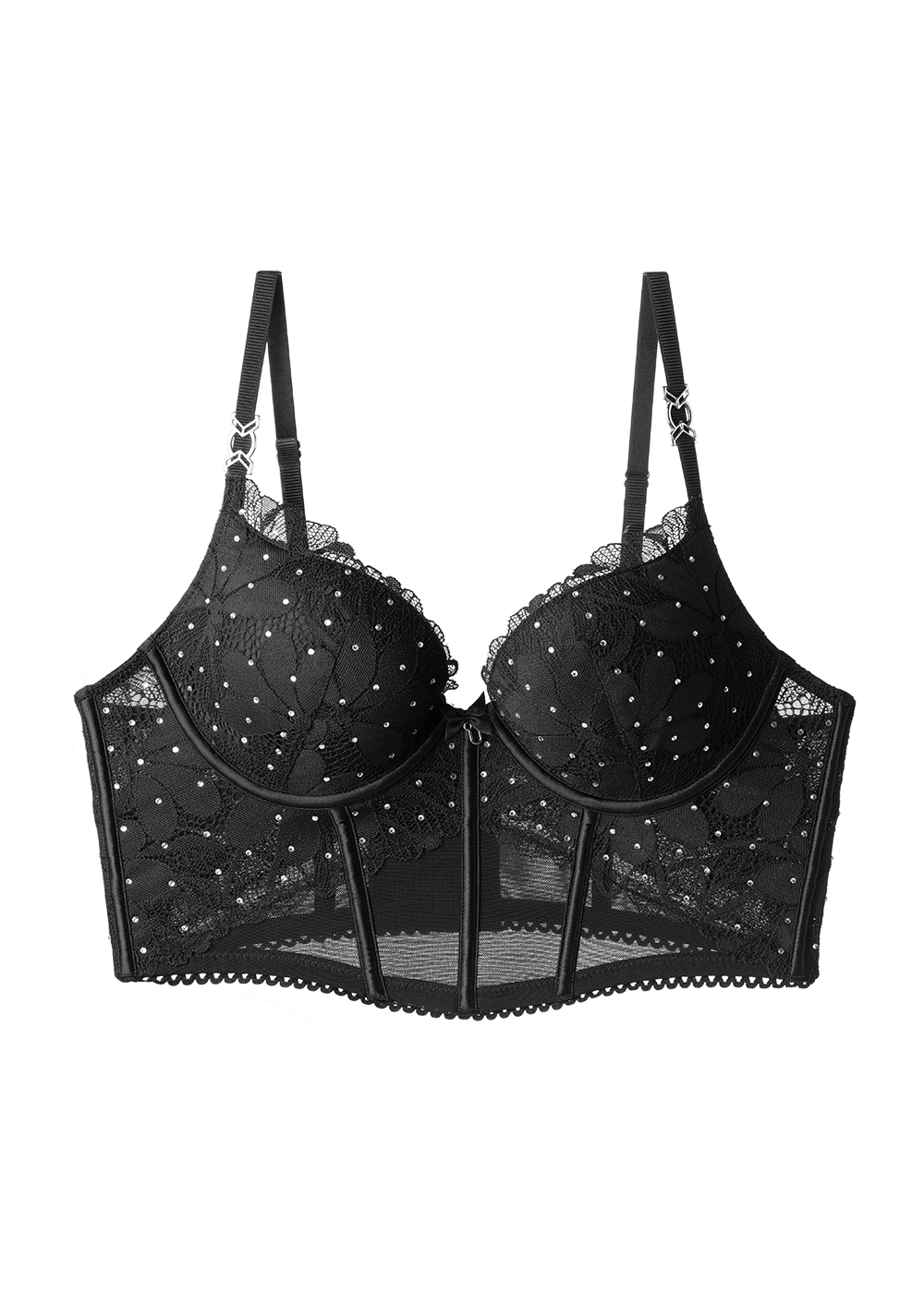 SHARON Plus Sexy Black Lace Push-Up Corset Long Demi Bra with Rhinestones