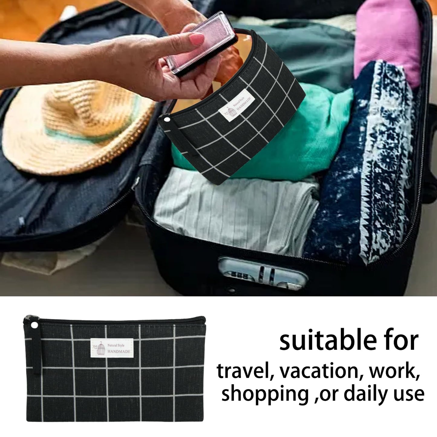 SHEHARUHI 3 Pcs Canvas Makeup Bags Set Cosmetic Small Bag Printed Cute Vacation Travel Toiletry Purse Zipper Pouch Multi-Function Bag Women Girls Favor