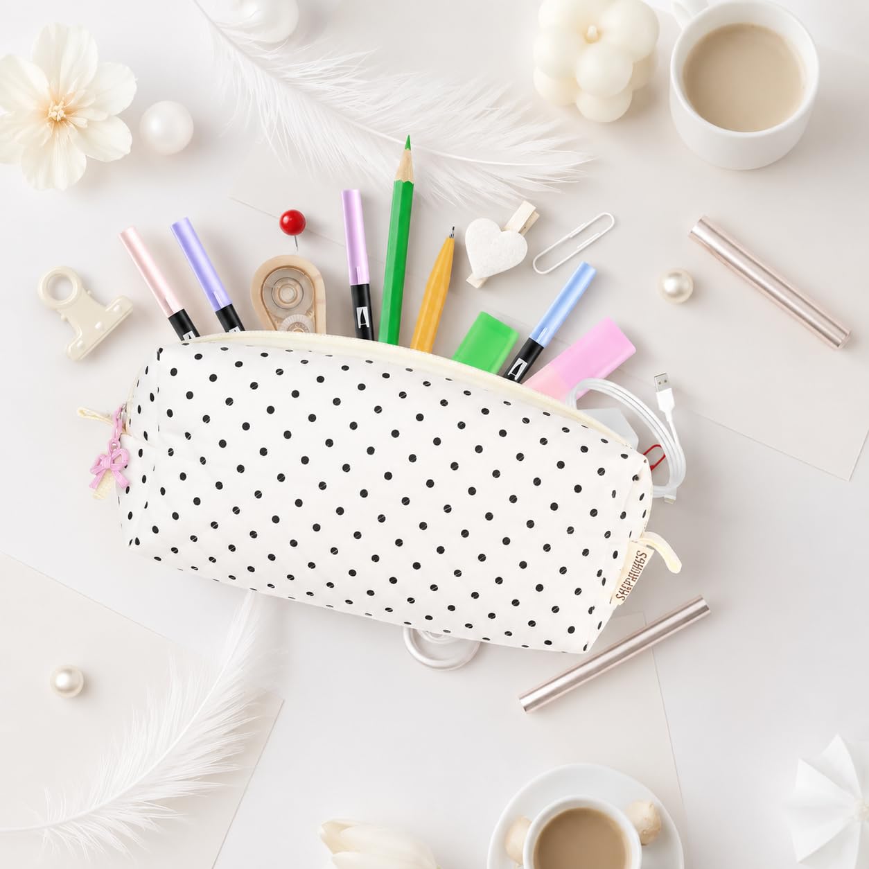 shiprabags Cute Quilted Pencil Case for Women, Aesthetic Small Floral Pencil Pouch, Slim Soft Pencil Bag for Stationery Supplies & Daily Use（Polka Dot）