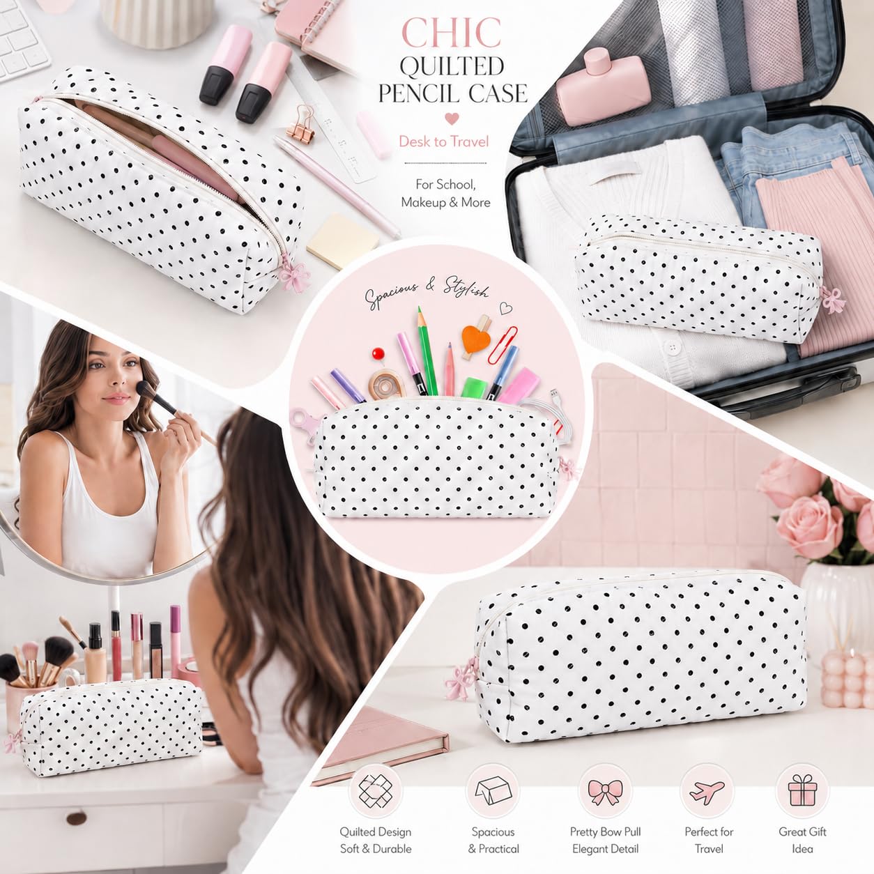 shiprabags Cute Quilted Pencil Case for Women, Aesthetic Small Floral Pencil Pouch, Slim Soft Pencil Bag for Stationery Supplies & Daily Use（Polka Dot）
