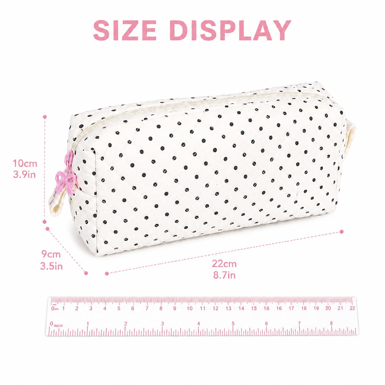 shiprabags Cute Quilted Pencil Case for Women, Aesthetic Small Floral Pencil Pouch, Slim Soft Pencil Bag for Stationery Supplies & Daily Use（Polka Dot）