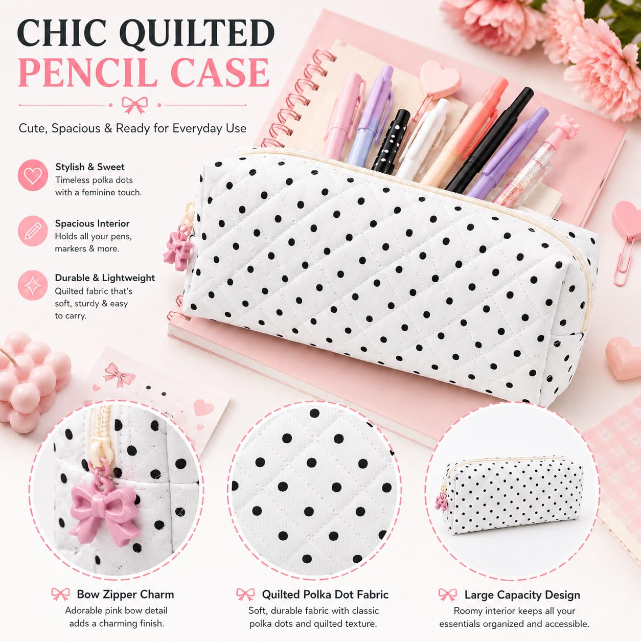 shiprabags Cute Quilted Pencil Case for Women, Aesthetic Small Floral Pencil Pouch, Slim Soft Pencil Bag for Stationery Supplies & Daily Use（Polka Dot）