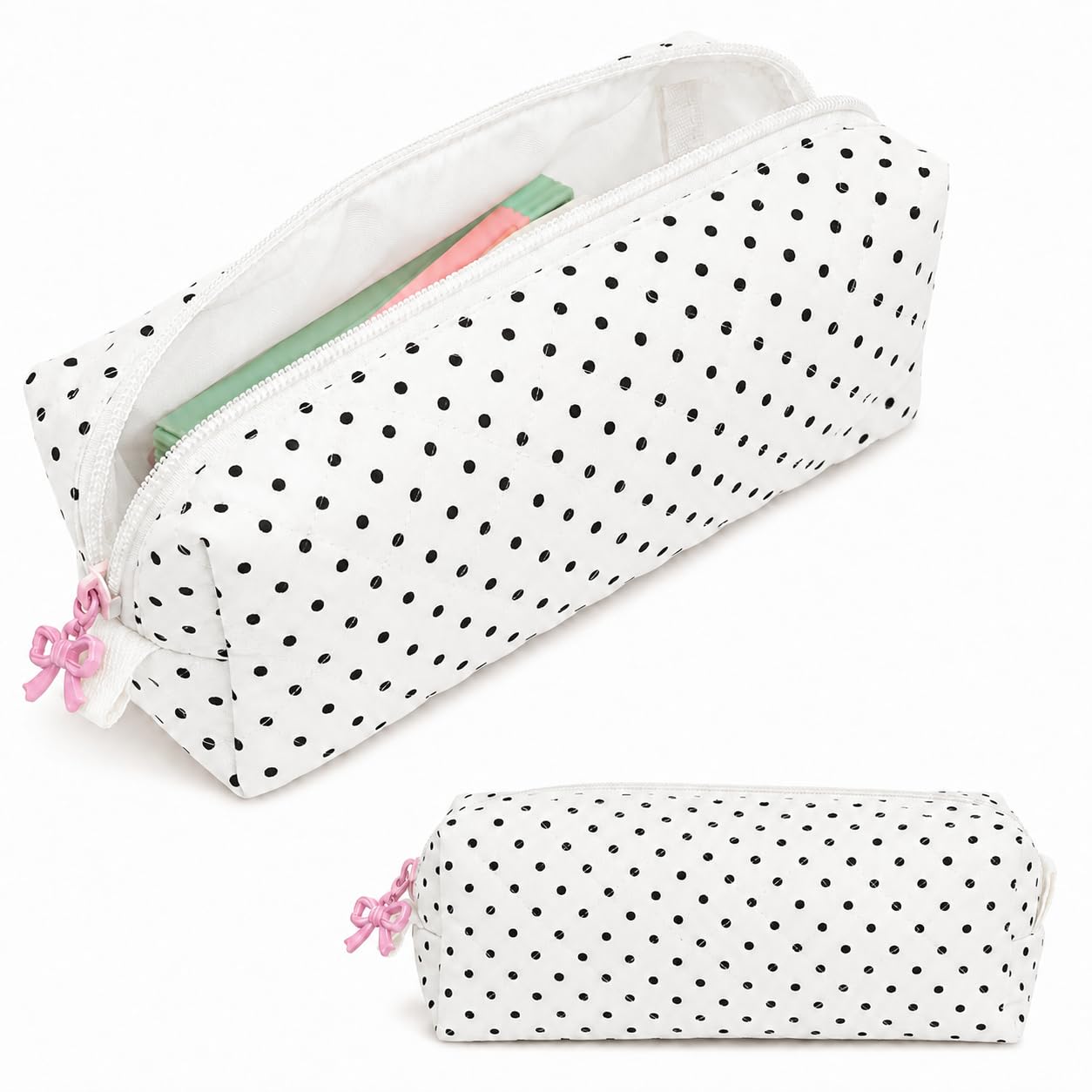 shiprabags Cute Quilted Pencil Case for Women, Aesthetic Small Floral Pencil Pouch, Slim Soft Pencil Bag for Stationery Supplies & Daily Use（Polka Dot）