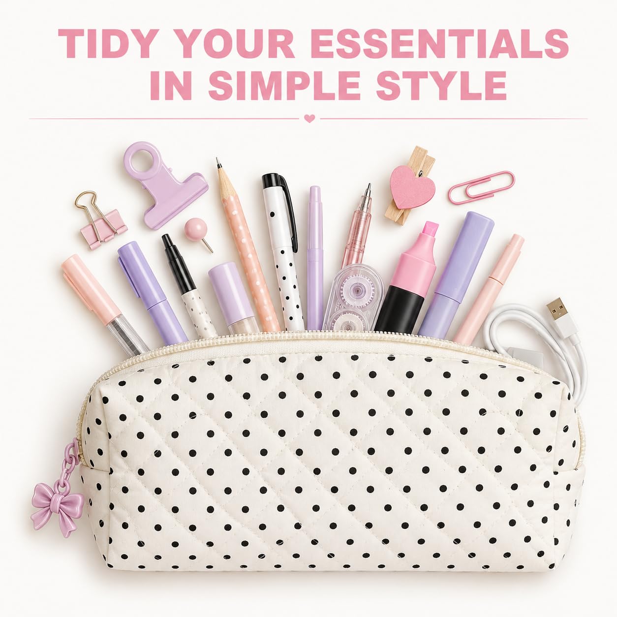 shiprabags Cute Quilted Pencil Case for Women, Aesthetic Small Floral Pencil Pouch, Slim Soft Pencil Bag for Stationery Supplies & Daily Use（Polka Dot）