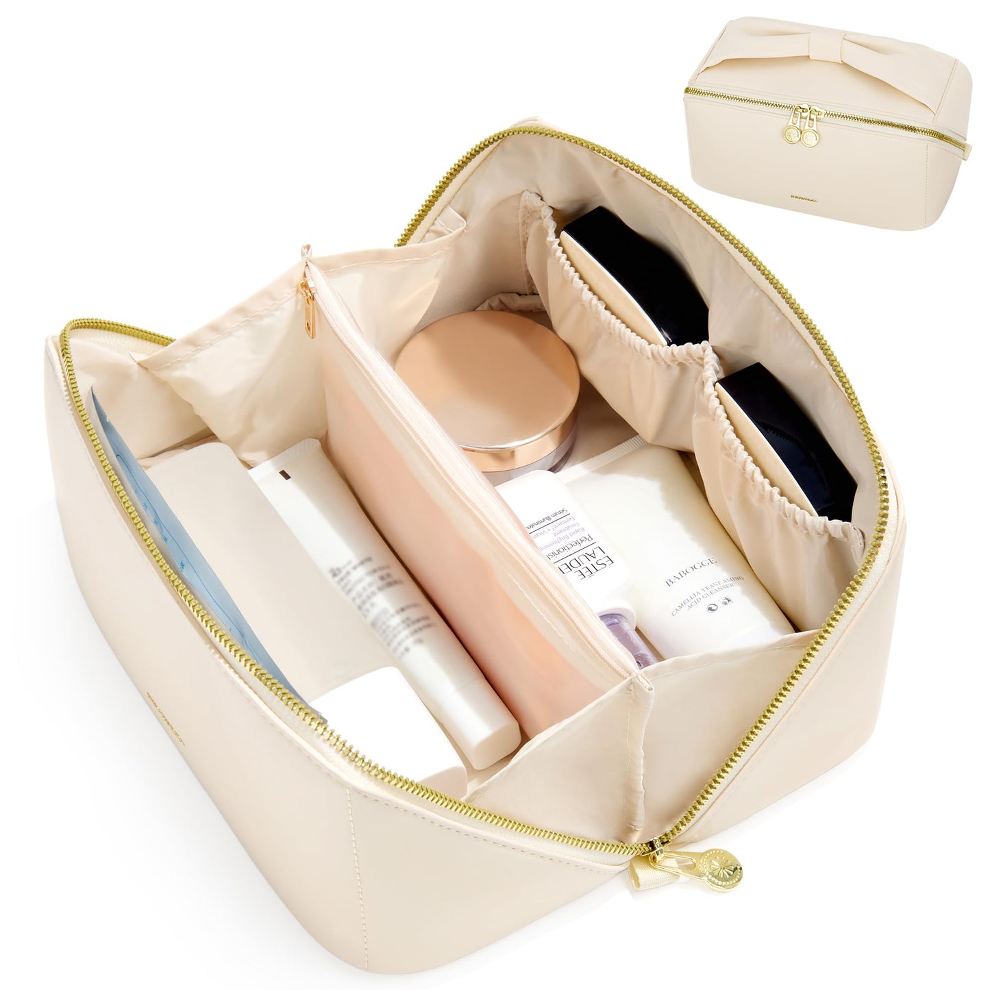 SHOWKOO Cosmetic Bag for Women, WideOpen Travel Makeup Bag with Compartment