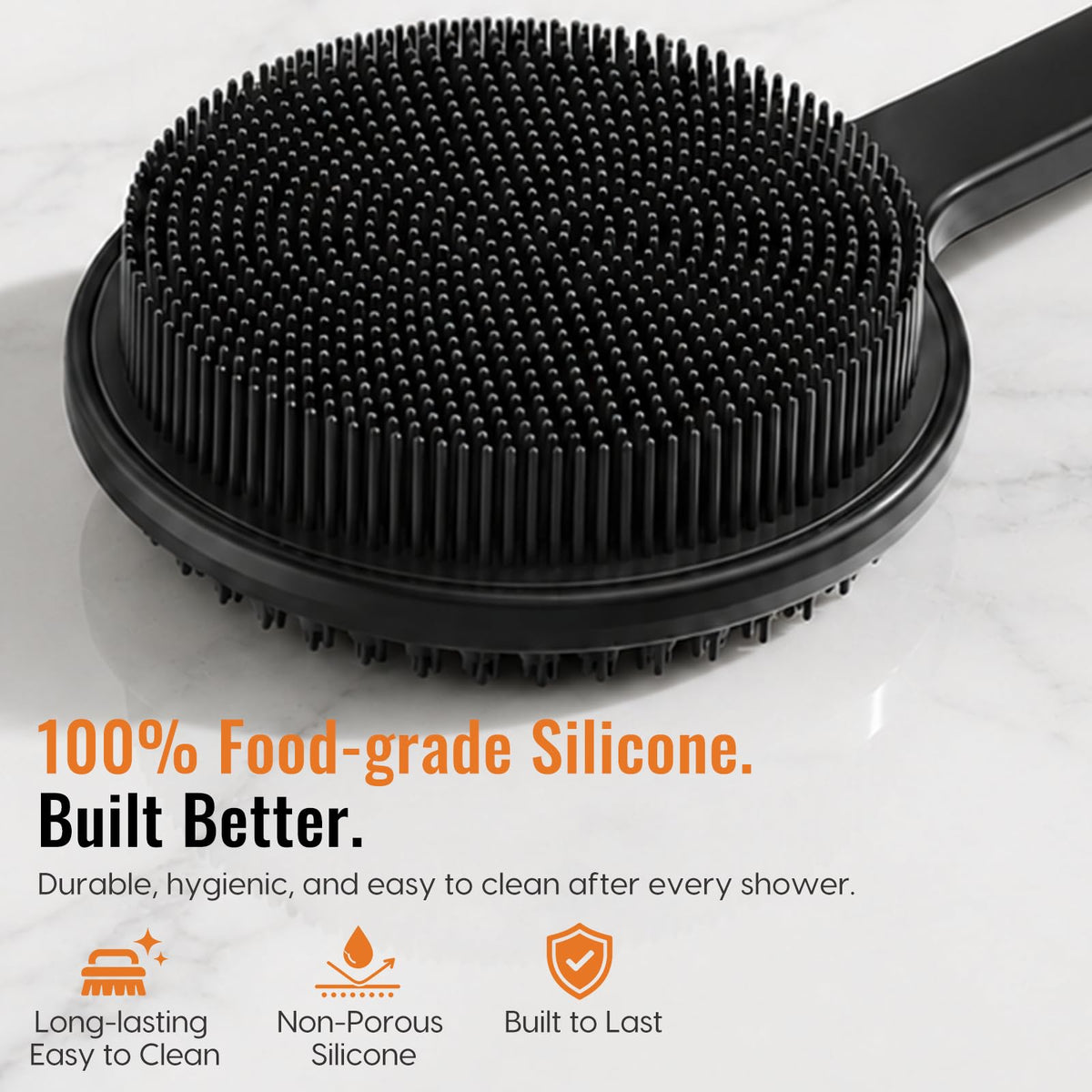 Silicone Back Scrubber for Shower, 17in Lengthen Long Handle Body Brush, Double Sided Shower Brush for Shower Exfoliating and Massage Can Produce Rich Foam, Long Handle Back Scrubber for Men