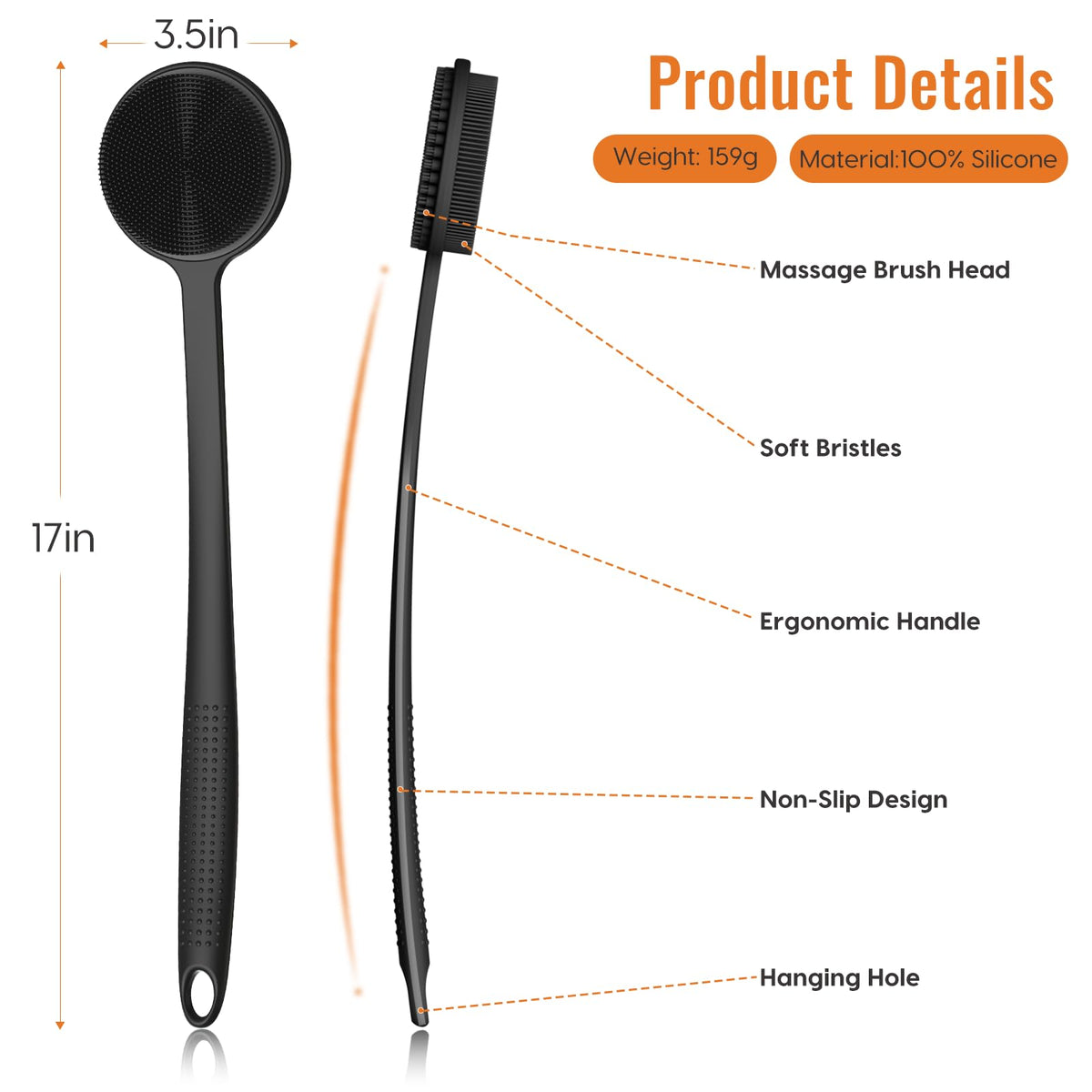 Silicone Back Scrubber for Shower, 17in Lengthen Long Handle Body Brush, Double Sided Shower Brush for Shower Exfoliating and Massage Can Produce Rich Foam, Long Handle Back Scrubber for Men