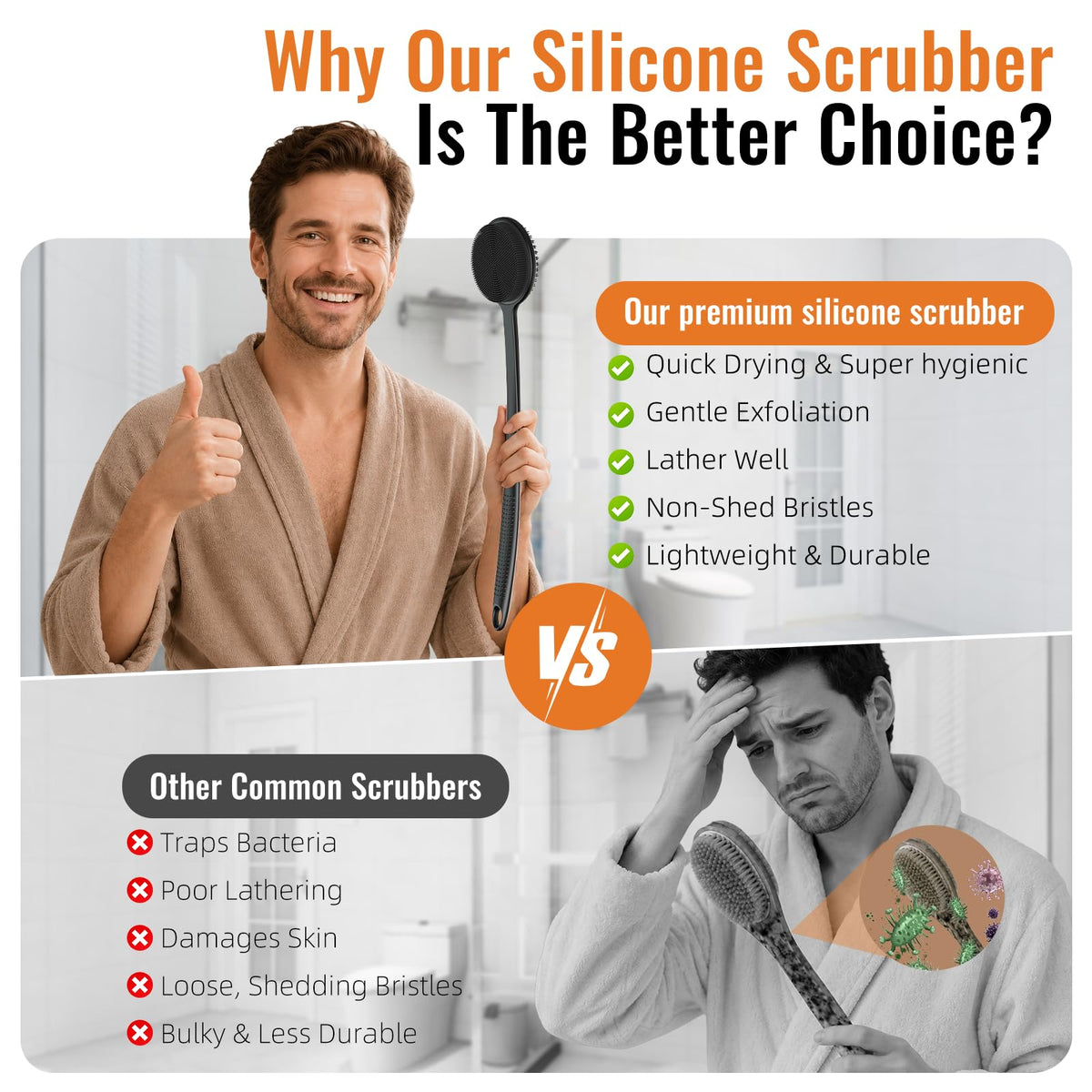 Silicone Back Scrubber for Shower, 17in Lengthen Long Handle Body Brush, Double Sided Shower Brush for Shower Exfoliating and Massage Can Produce Rich Foam, Long Handle Back Scrubber for Men