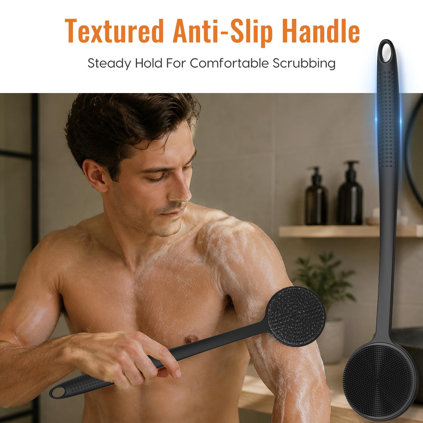 Silicone Back Scrubber for Shower, 17in Lengthen Long Handle Body Brush, Double Sided Shower Brush for Shower Exfoliating and Massage Can Produce Rich Foam, Long Handle Back Scrubber for Men