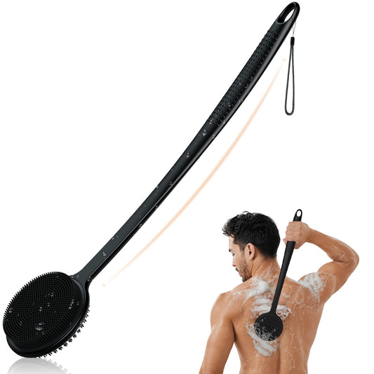 Silicone Back Scrubber for Shower, 17in Lengthen Long Handle Body Brush, Double Sided Shower Brush for Shower Exfoliating and Massage Can Produce Rich Foam, Long Handle Back Scrubber for Men