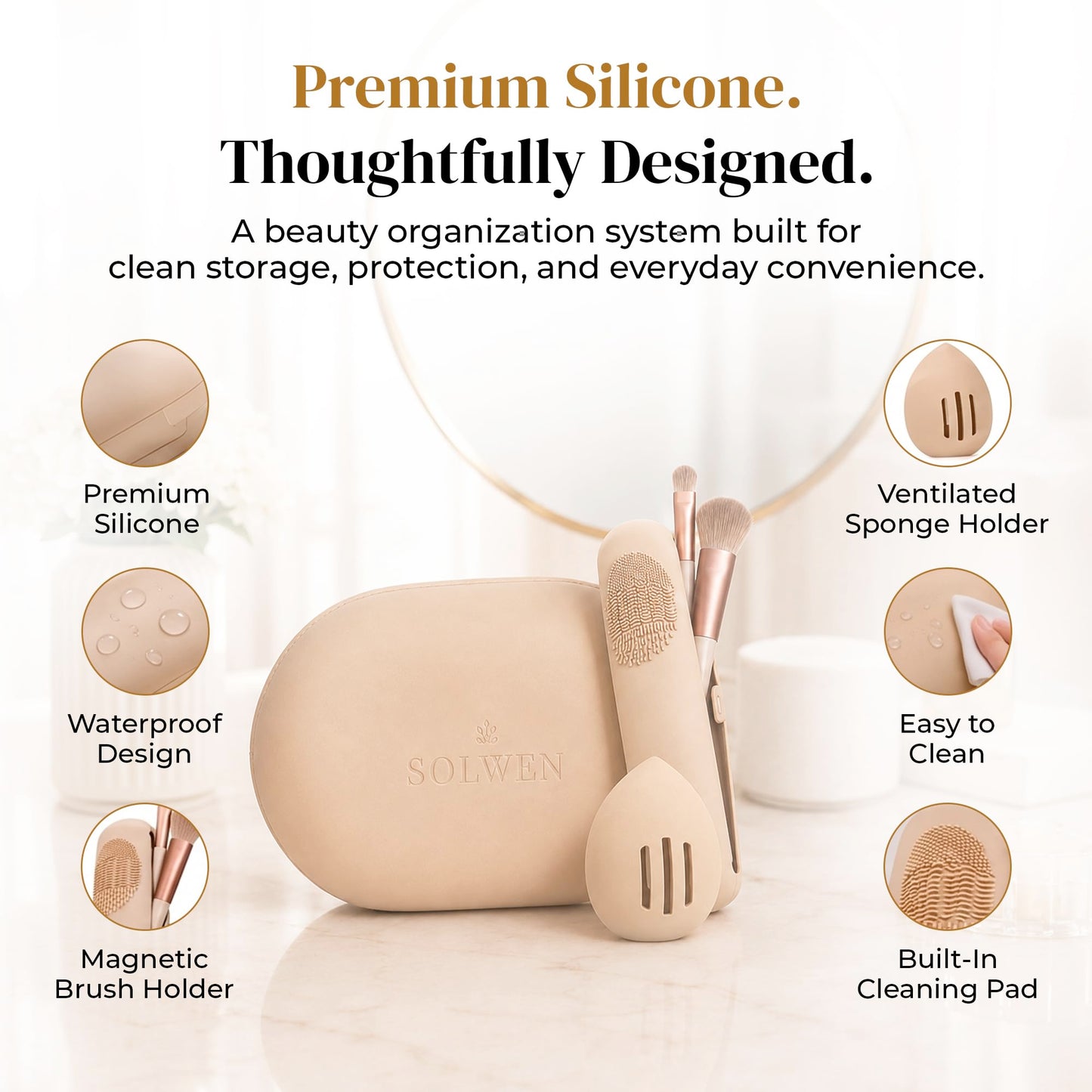 Silicone Makeup Bag Set - Cosmetic Pouch, Brush Holder, Beauty Sponge Case