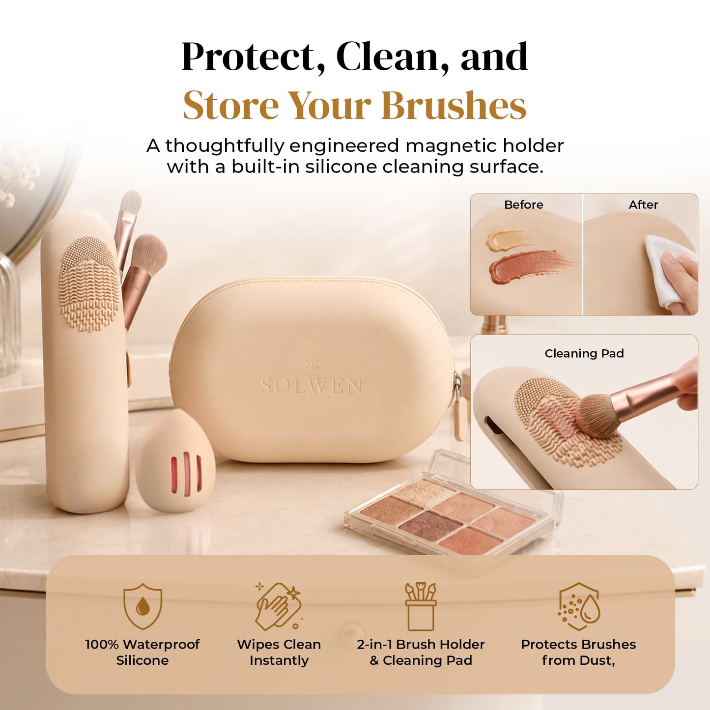 Silicone Makeup Bag Set - Cosmetic Pouch, Brush Holder, Beauty Sponge Case