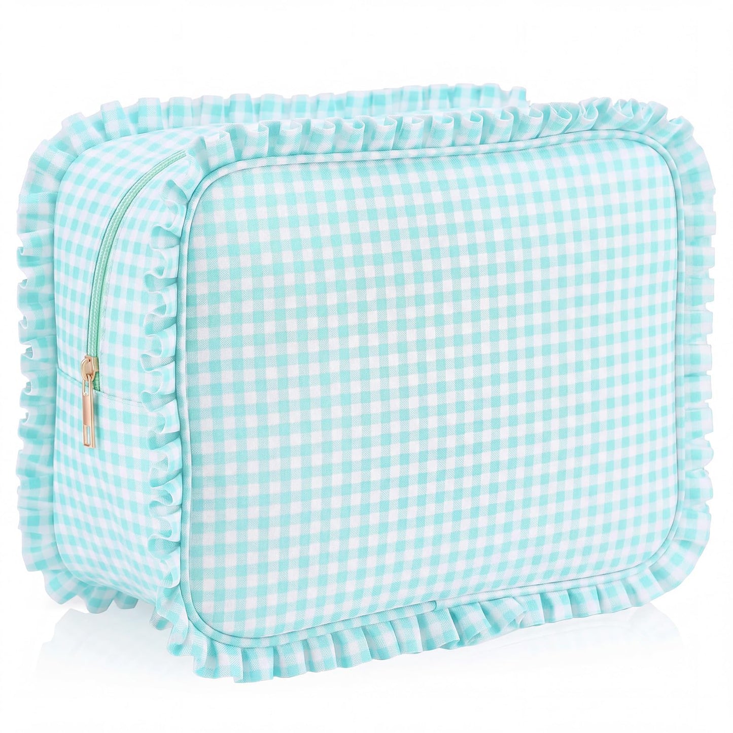SilTriangle Mint Gingham Ruffle Makeup Bag 10 x 8 x 4.5 Inches Large Ruffle Pouch Travel Cute Checkered Cosmetic Toiletry Bag with Zipper for Women Girls, Toiletry Pouch Make up Organizer Gift