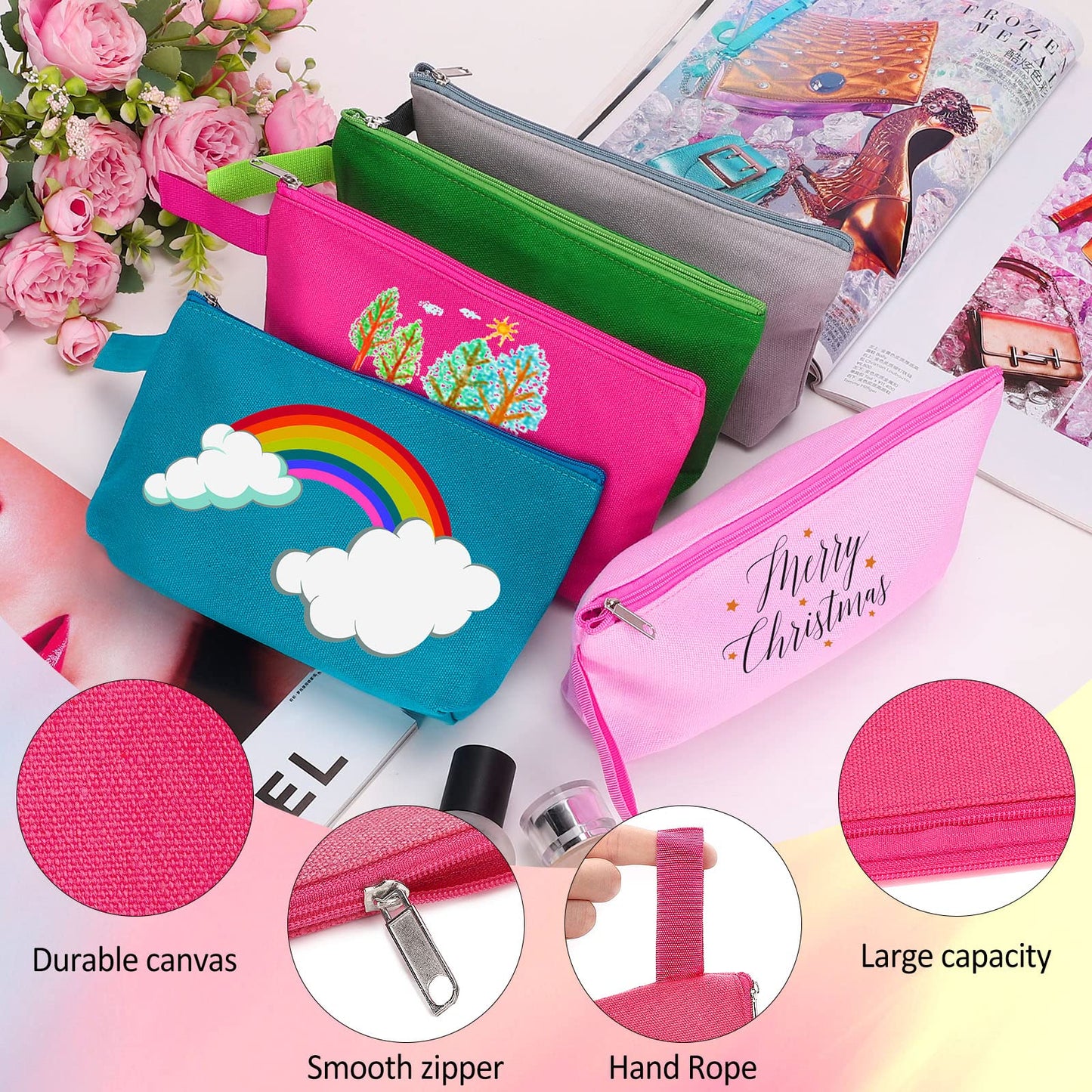 Sinzip 10 Pieces Cotton Canvas Makeup Bag with Bottom and Strap, Multi-Purpose Cosmetic Bag with Zipper Travel Toiletry Pouch, Blank DIY Craft Bag (Multicolor 02, S)