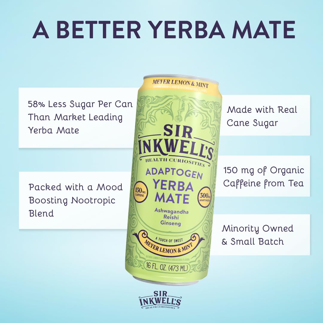 Sir Inkwell's Adaptogen Yerba Mate Tea – Meyer Lemon & Mint, 150mg Caffeine + 300mg Adaptogens, 16oz (12pk)