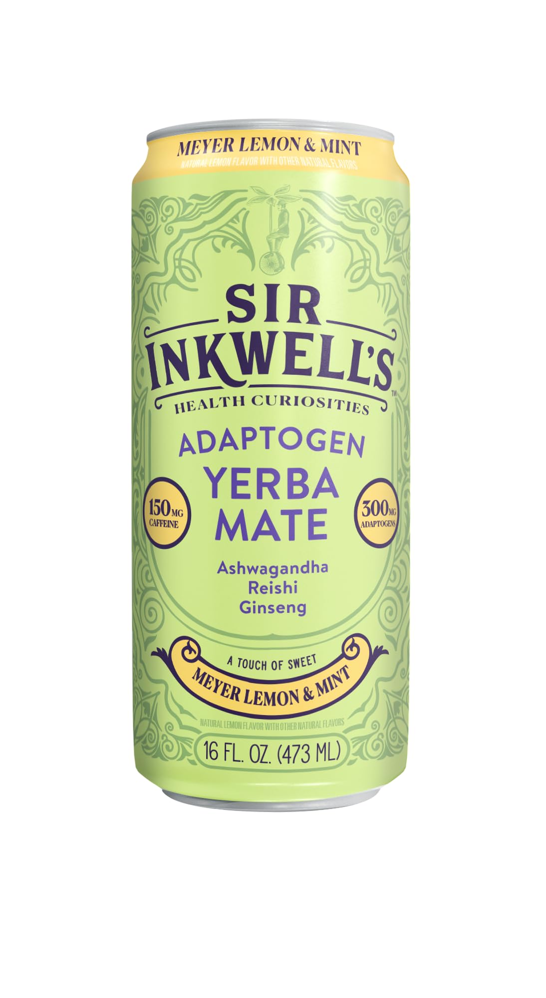 Sir Inkwell's Adaptogen Yerba Mate Tea – Meyer Lemon & Mint, 150mg Caffeine + 300mg Adaptogens, 16oz (12pk)