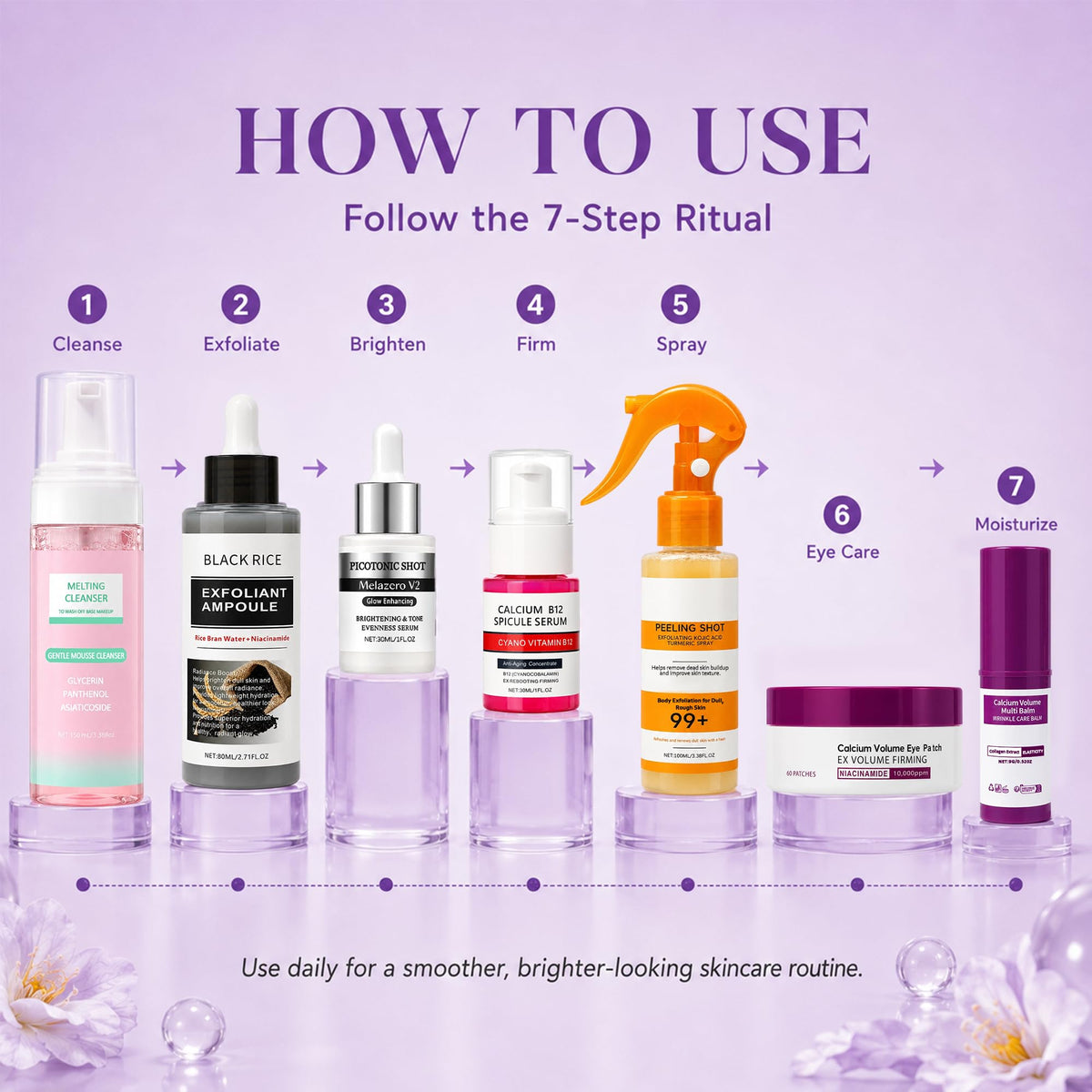 Skincare Routine Set - Facial Care Kit with Cleanser, Serums, Balm & Eye Patches - Hydrating & Daily Skin Care