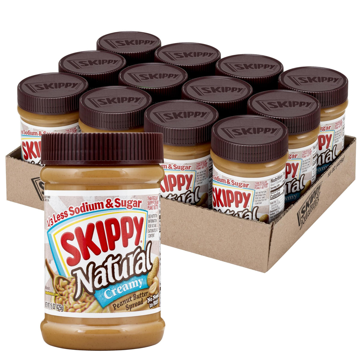 SKIPPY Natural Creamy Peanut Butter Spread – 1/3 Less Sodium & Sugar, Gluten-Free, 7g Protein per Serving (15 oz jars, Pack of 12)