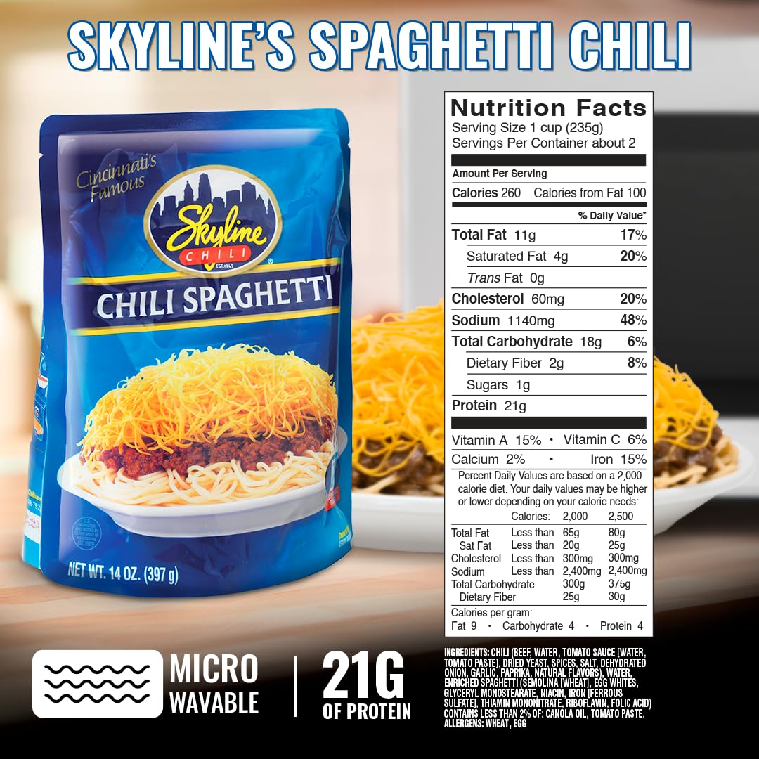 Skyline Chili & Spaghetti – Cincinnati-Style, Microwavable Pouches (14 oz) – Pack of 8