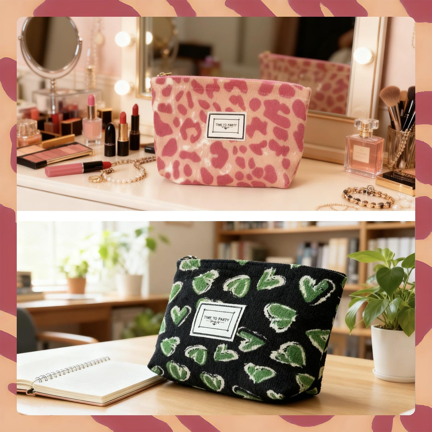 Slynxr 2 Pcs Corduroy Makeup Bag Set Portable Pink Polka Dot/Black Heart Travel Zipper Pouch Cute Aesthetic Cosmetic Makeup Bag for Purse Organizer Bags (Grenn Pink)