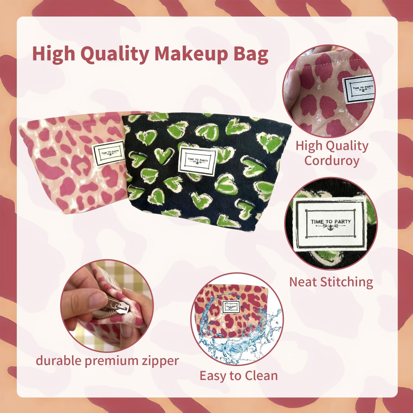 Slynxr 2 Pcs Corduroy Makeup Bag Set Portable Pink Polka Dot/Black Heart Travel Zipper Pouch Cute Aesthetic Cosmetic Makeup Bag for Purse Organizer Bags (Grenn Pink)