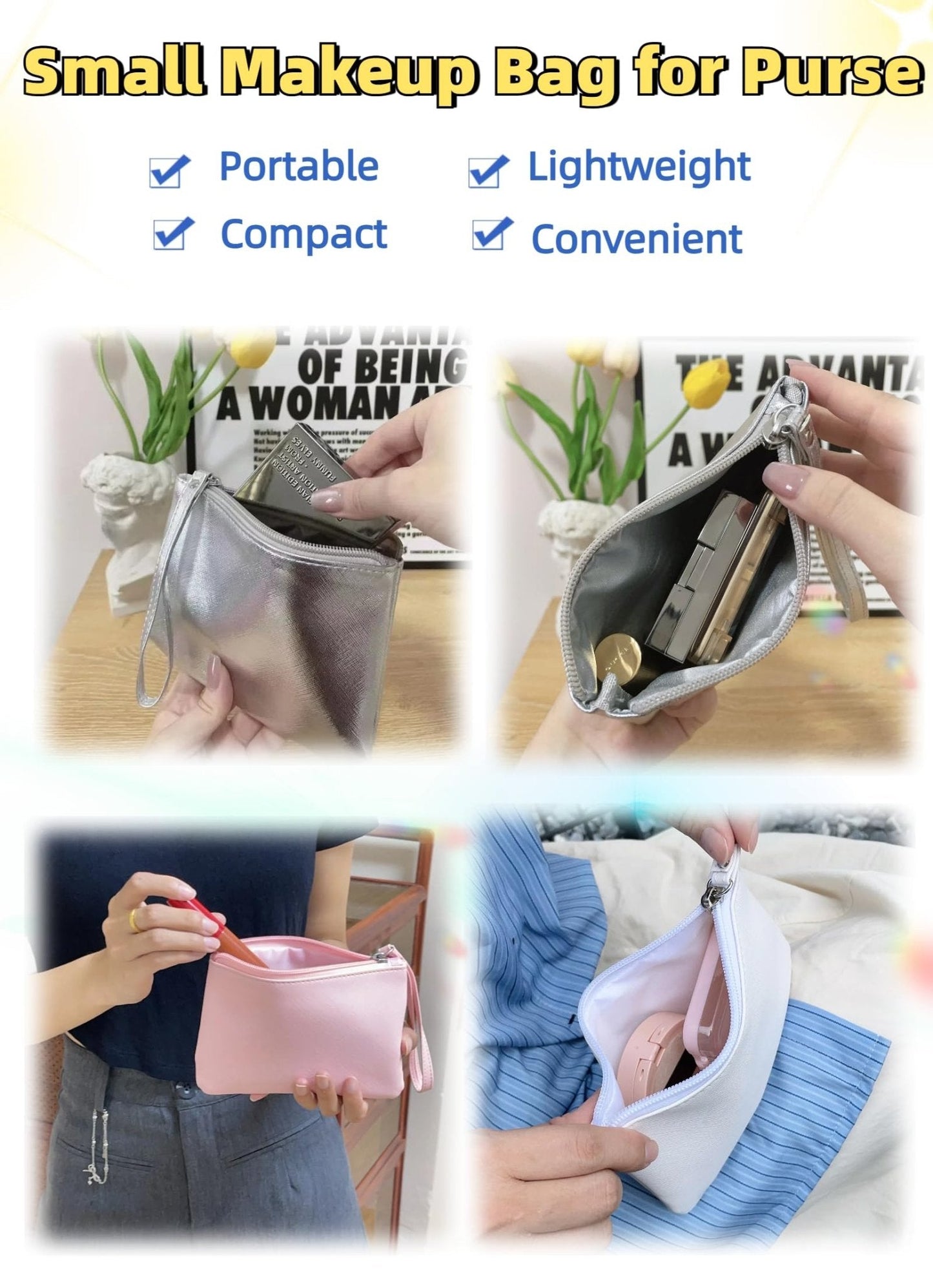 Small Makeup Bag for Purse Mini Cosmetic Pouch Zipper Little Wristlet, Tiny Make Up Organizer Lipstick Feminine Product Car Change Coin Holder for Women, 4.5 x 6.5 Clutch Stadium Approved, 1 Red