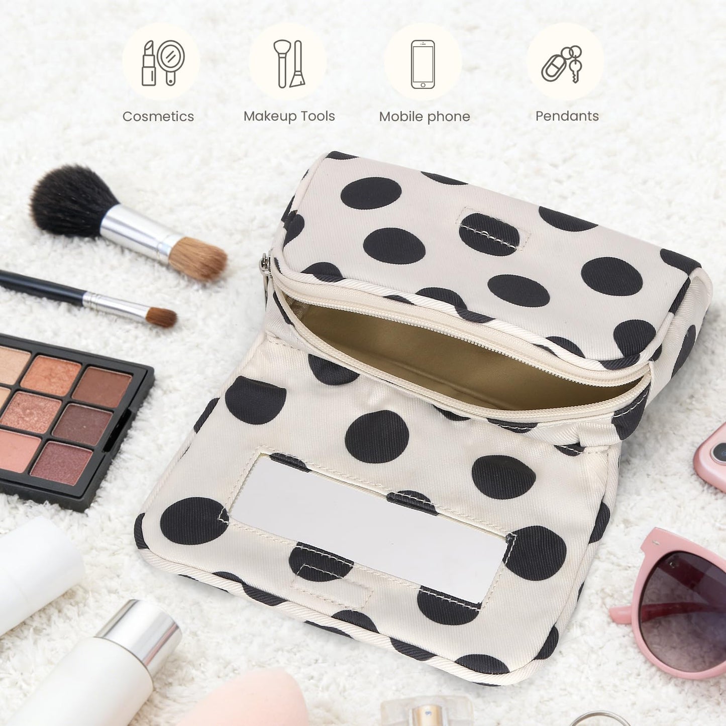 Small Mirror Cosmetic Pouch + Medium Handheld Travel Makeup Bag (Polka Dot)