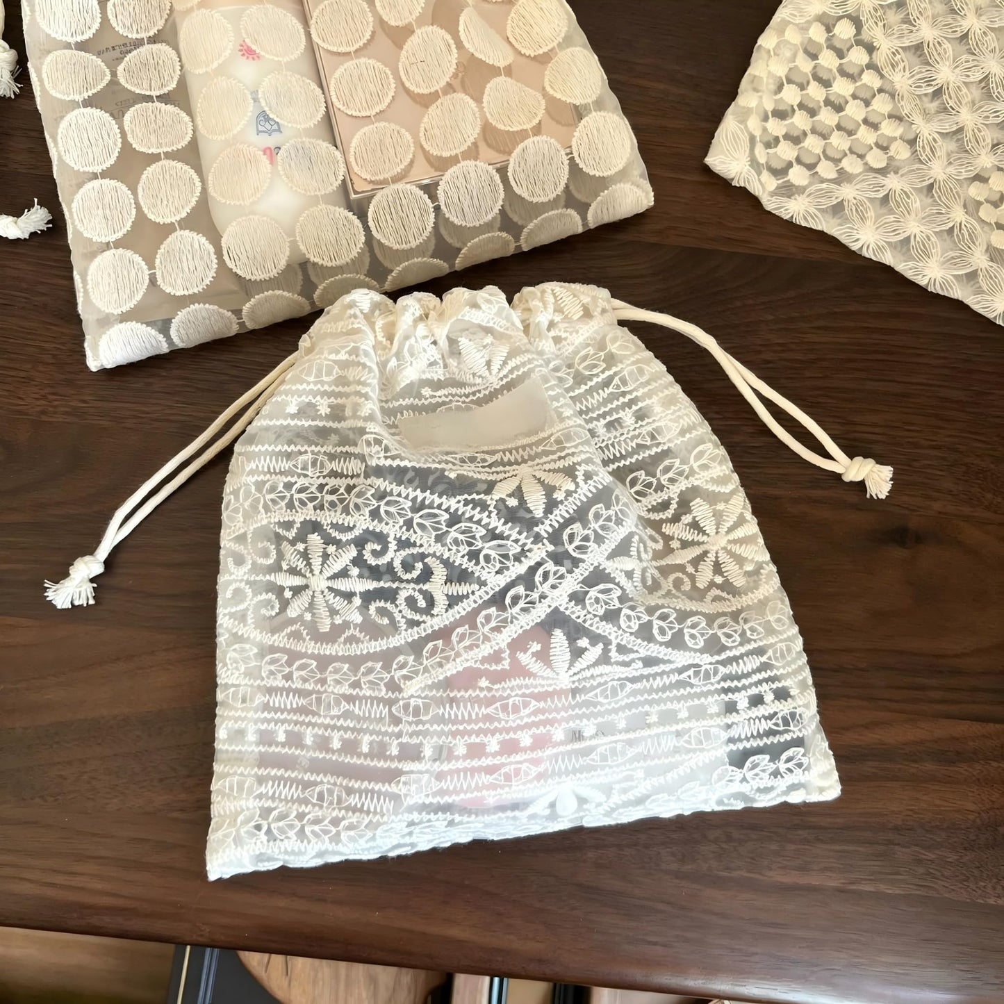 Sminra Mesh Drawstring Makeup Bag for Women, Lace Cosmetic Pouch