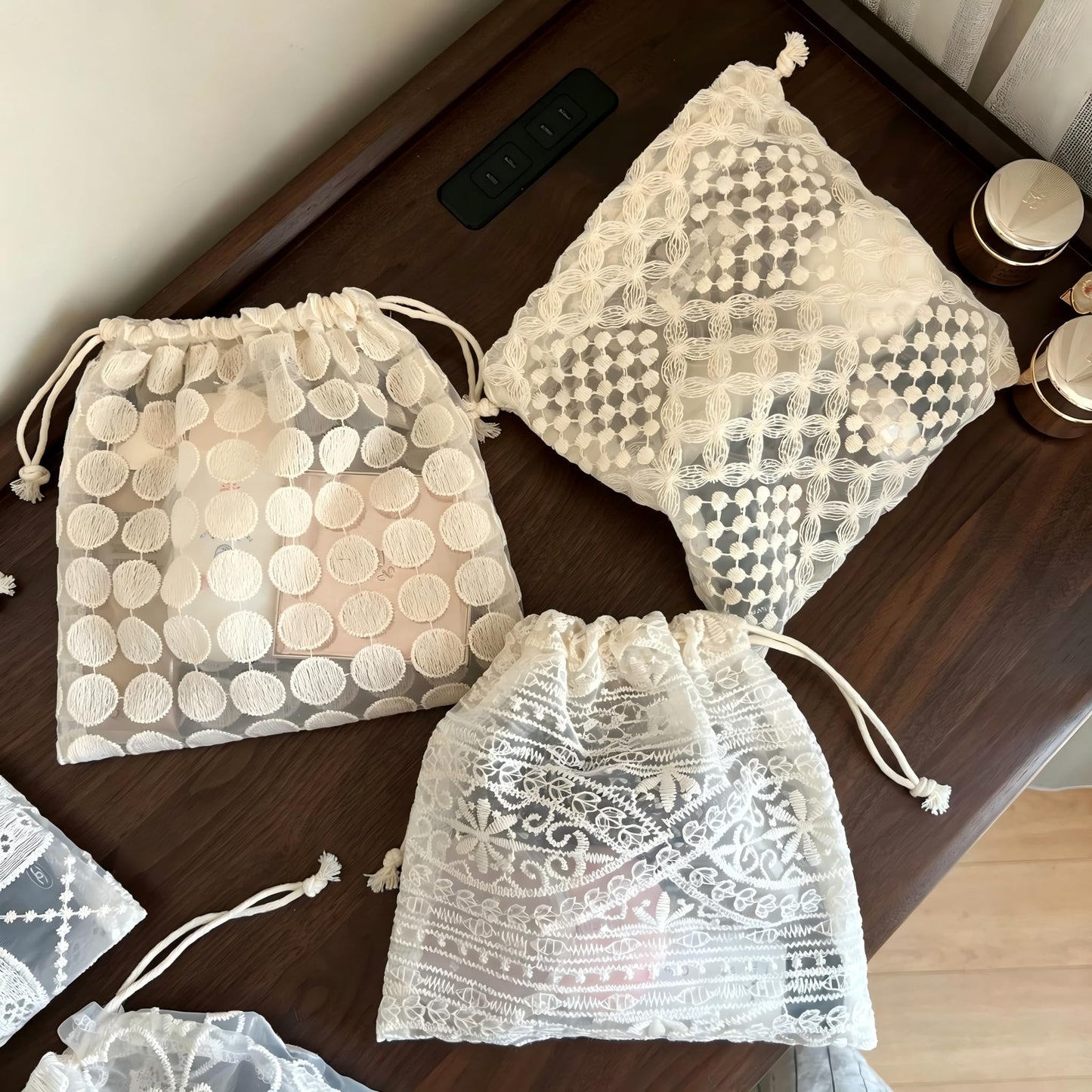Sminra Mesh Drawstring Makeup Bag for Women, Lace Cosmetic Pouch