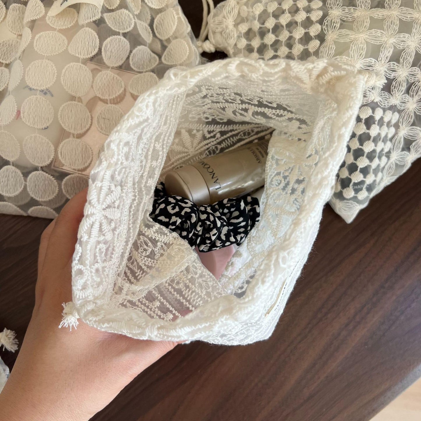 Sminra Mesh Drawstring Makeup Bag for Women, Lace Cosmetic Pouch