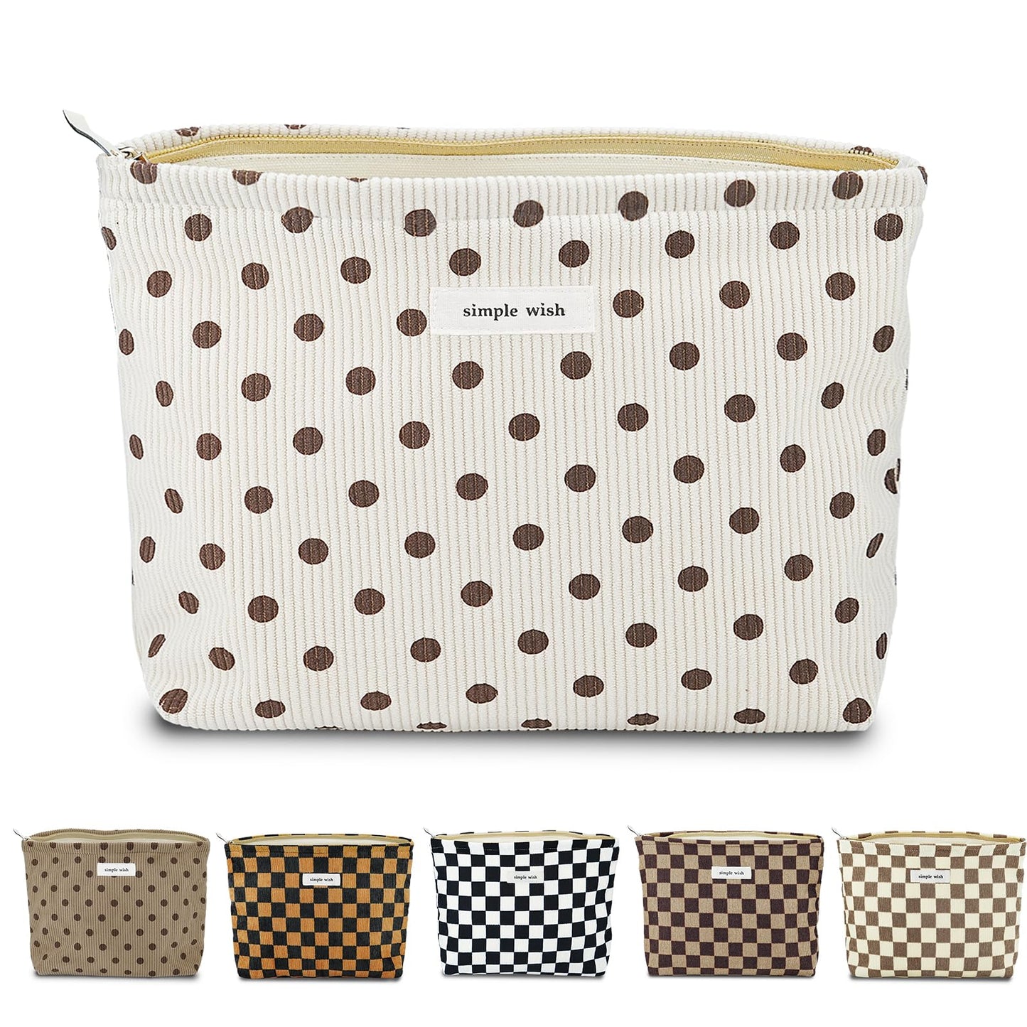 Sminra Polka Dot Corduroy Makeup Bag for Purse, Cosmetic Zipper Pouch Begie