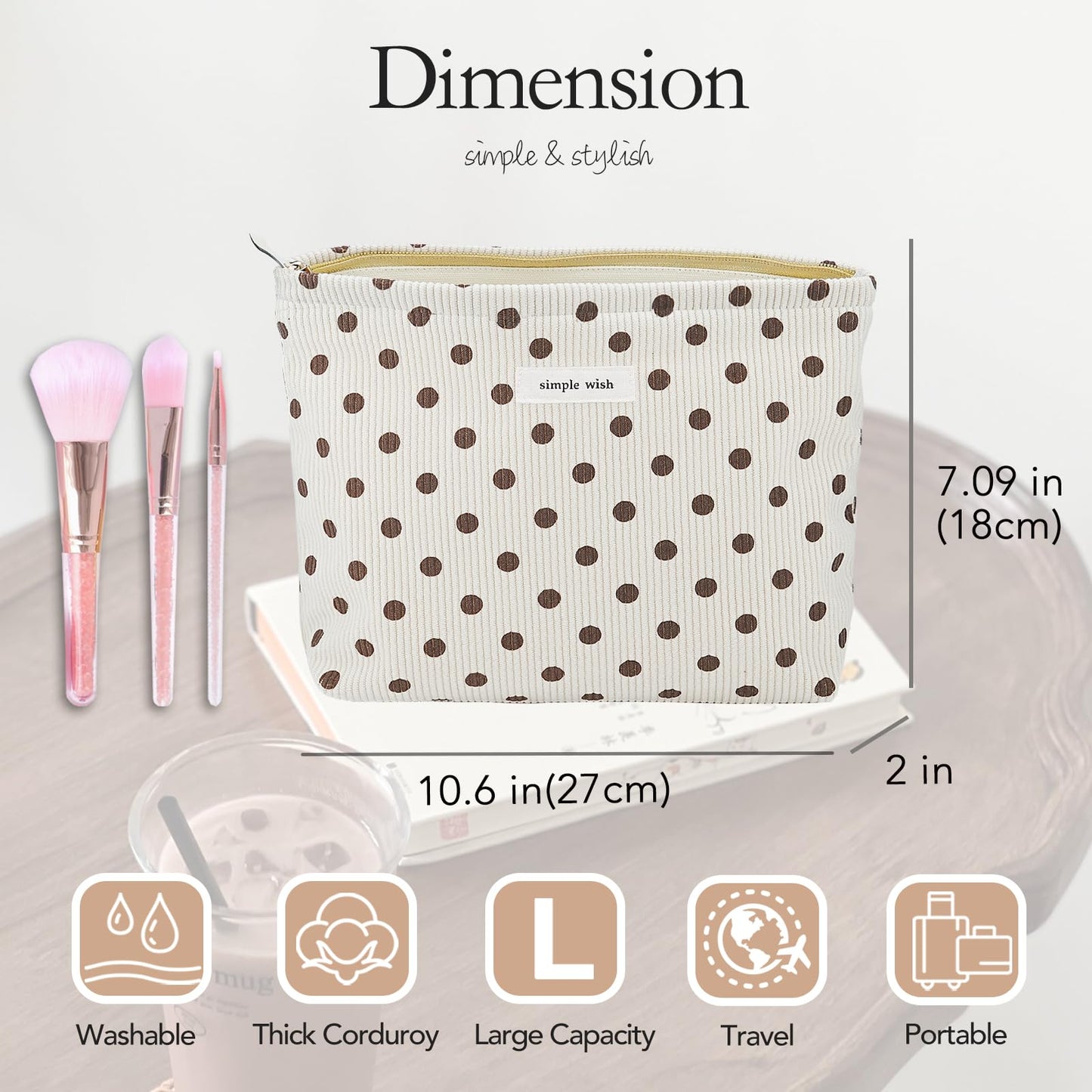 Sminra Polka Dot Corduroy Makeup Bag for Purse, Cosmetic Zipper Pouch Begie