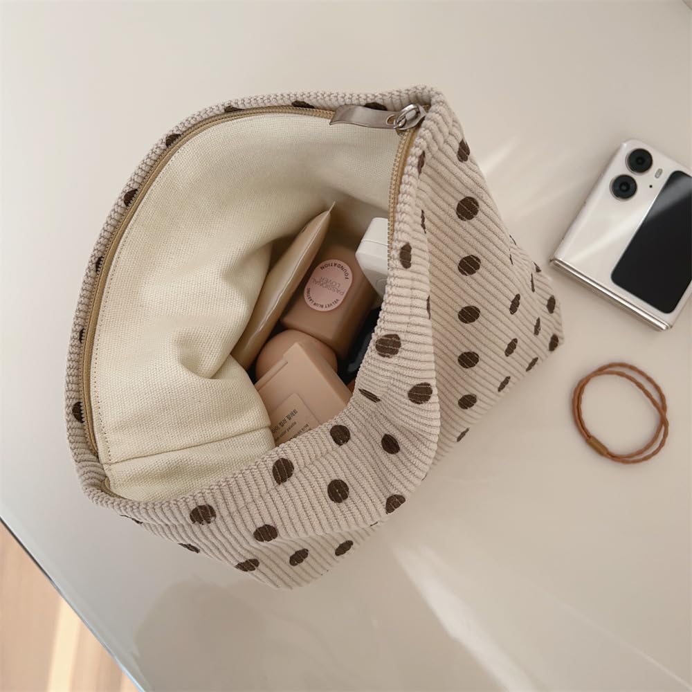 Sminra Polka Dot Corduroy Makeup Bag for Purse, Cosmetic Zipper Pouch Begie