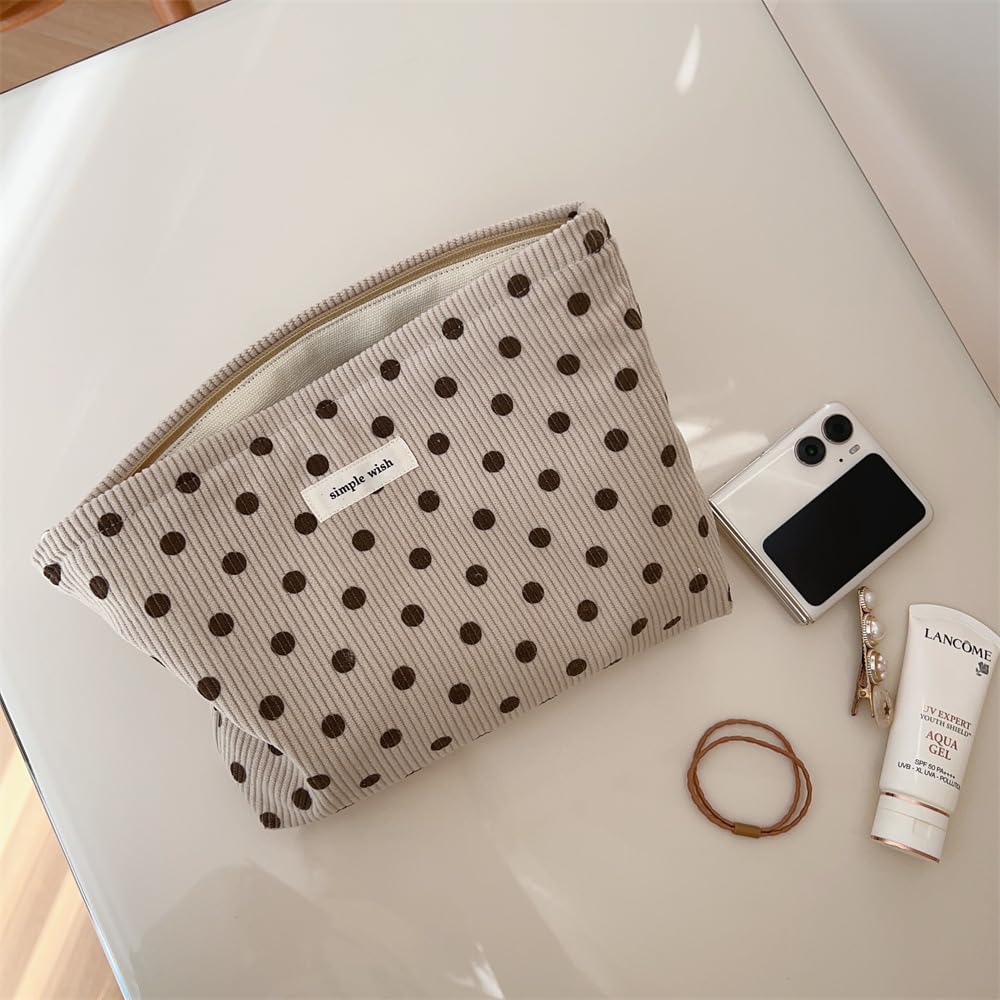 Sminra Polka Dot Corduroy Makeup Bag for Purse, Cosmetic Zipper Pouch Begie
