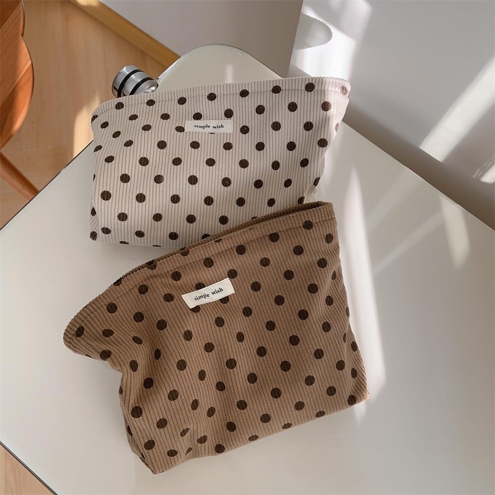 Sminra Polka Dot Corduroy Makeup Bag for Purse, Cosmetic Zipper Pouch Begie