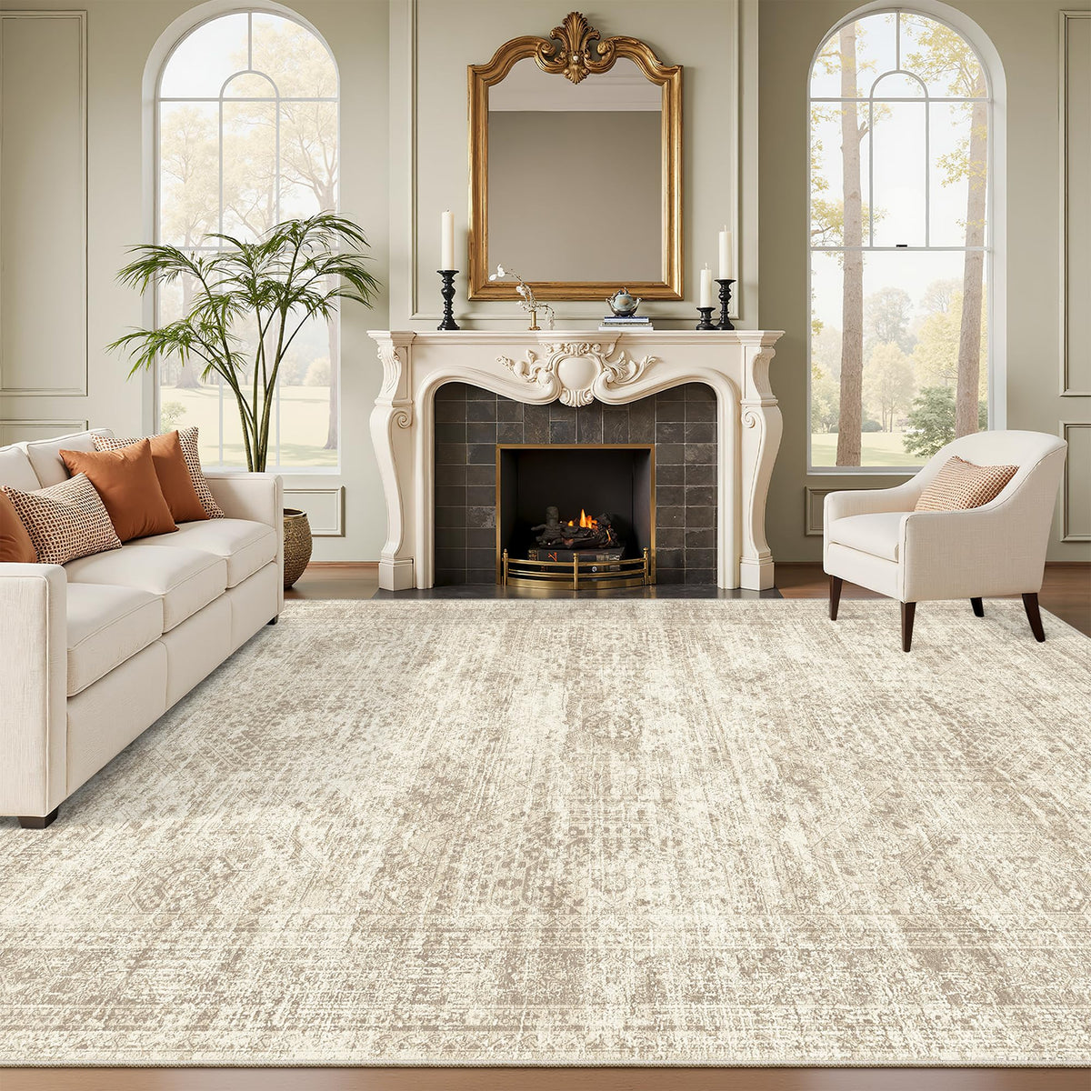 Soalmost Washable Area Rug 8x10 Large Soft Beige Rugs for Living Room