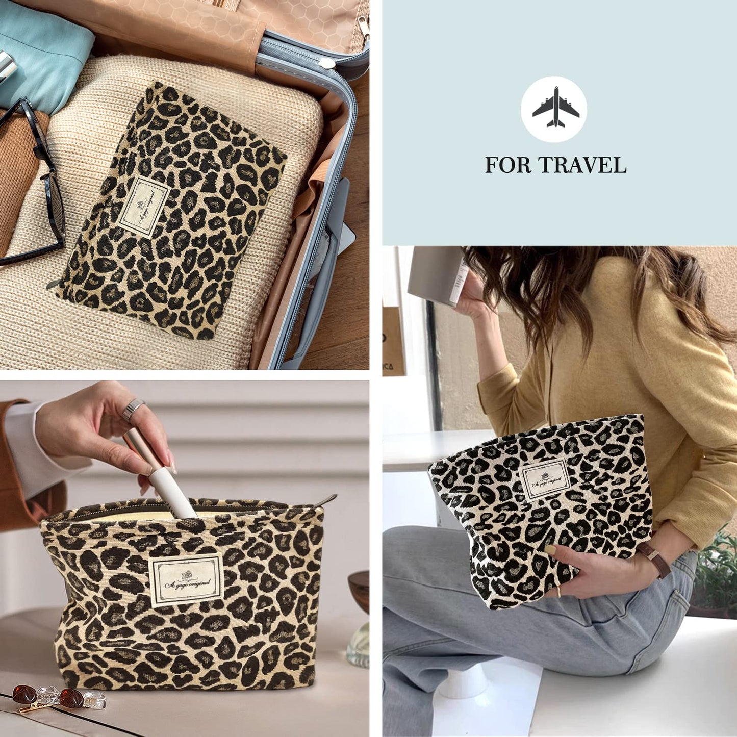 STARDW Leopard Makeup Bag Organizer Cosmetic Bags for Women and Girls,Travel Toiletry Bag Large Capacity Canvas Makeup Zipper Pouch, Purse Organizer Pouches (Brown Leopard)