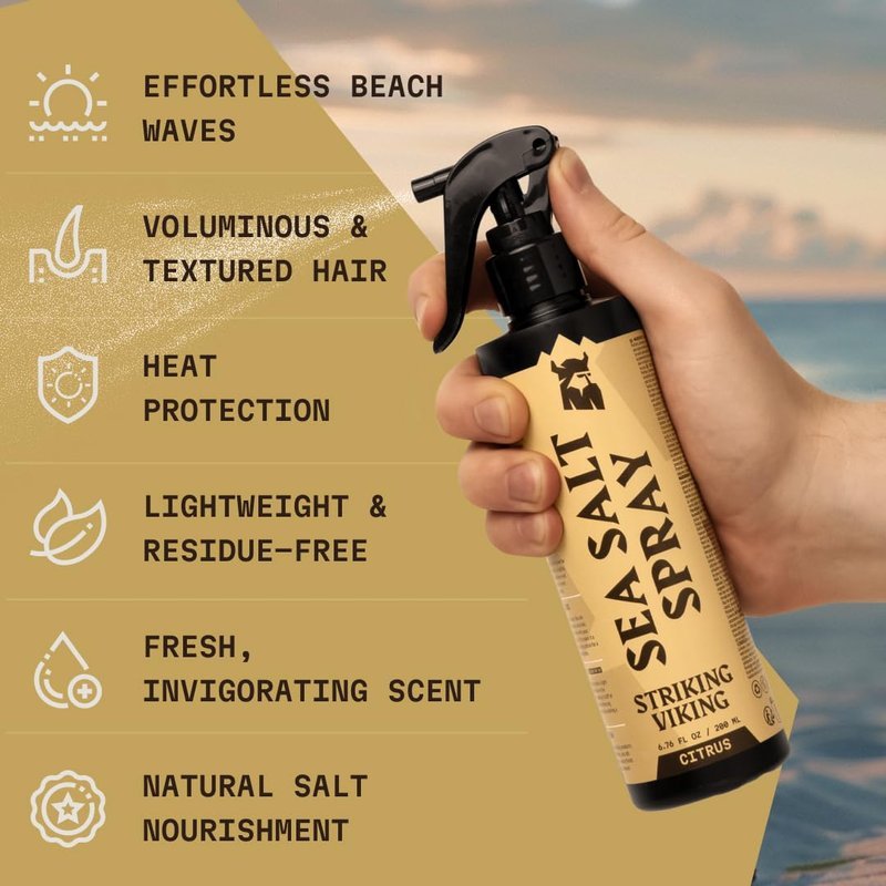 Striking Viking Sea Salt Spray for Men, Citrus Scent, Hair Texturizing Spray - Volumizing, Curl Enhancing, Shape & Hold, 6.76 fl Oz, Paraben Free, Made in Germany