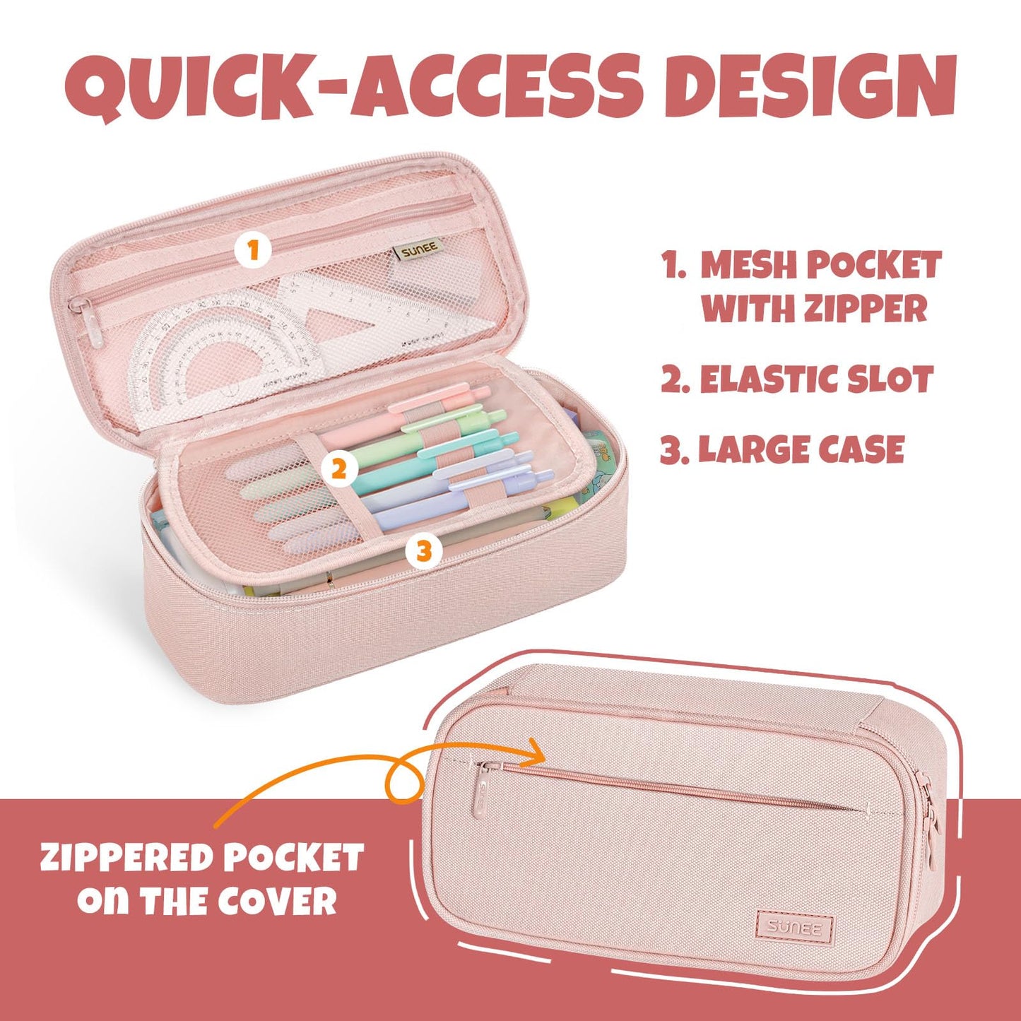 SUNEE Cute Pencil Case, Large Capacity Pencil Pouch, Big Storage Organizer for Stationery, Zipper Pen Bag, Back to School Supplies, Office Organizer Makeup Bag, for Teen Girl Boy Men Women, Pink
