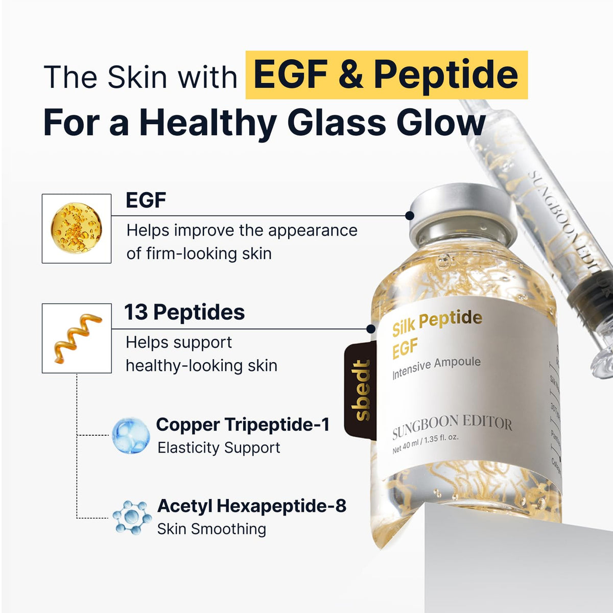 SUNGBOON EDITOR Glow Intensive Deep Collagen Silk Peptide EGF Ampoule, Copper Peptides Serum for Face with Multi Peptides, Hydrating Korean Skincare Facial Serum for Smooth-Looking Skin, 1.35 fl oz